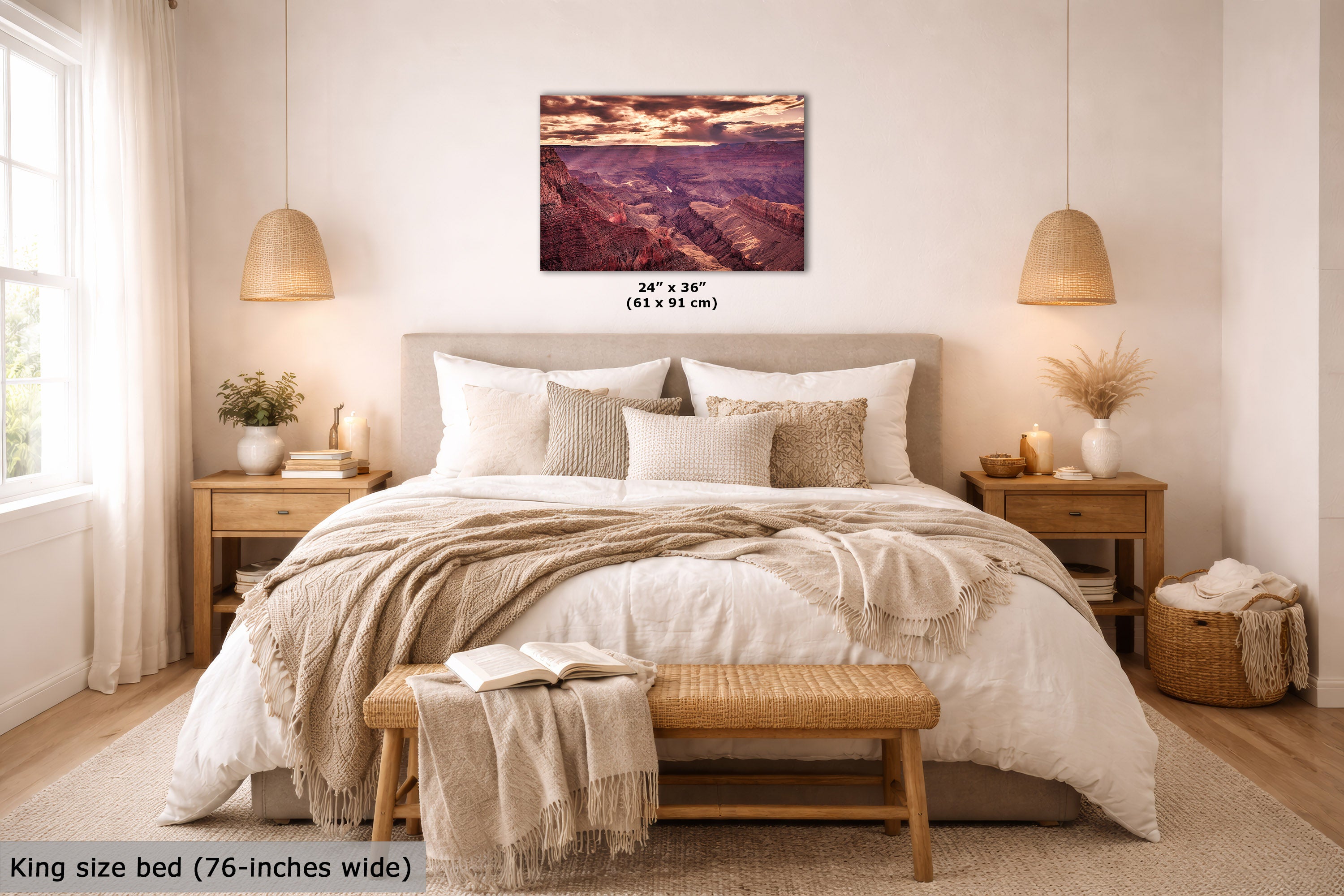 Bedroom with a king size bed, wooden nightstands, and wall art.