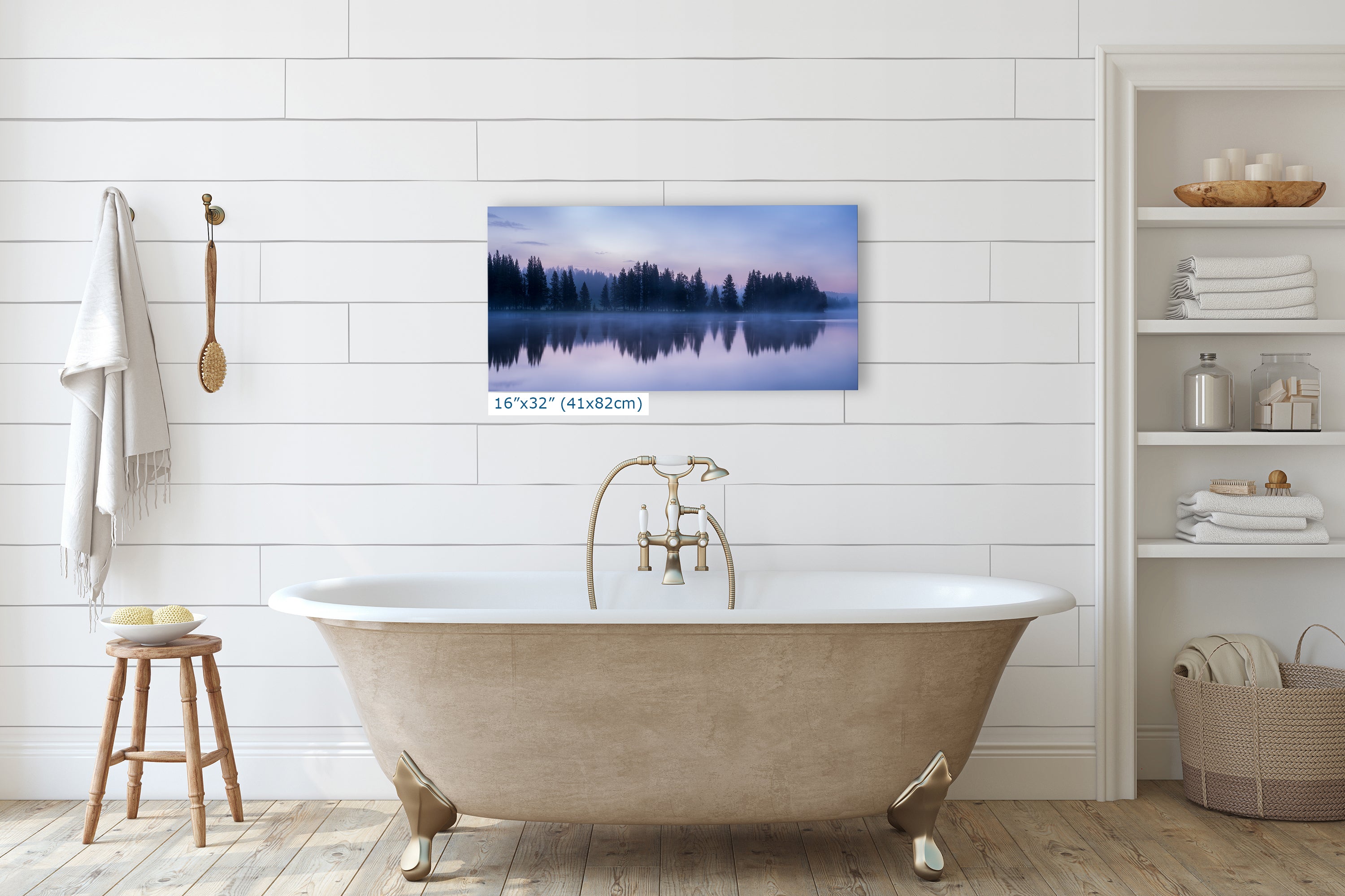 Yellowstone Lake Foggy Forest Picture, Reflection Nature Photo, Wyoming Landscape Relaxation Artwork for Meditation, Office, & House Decor