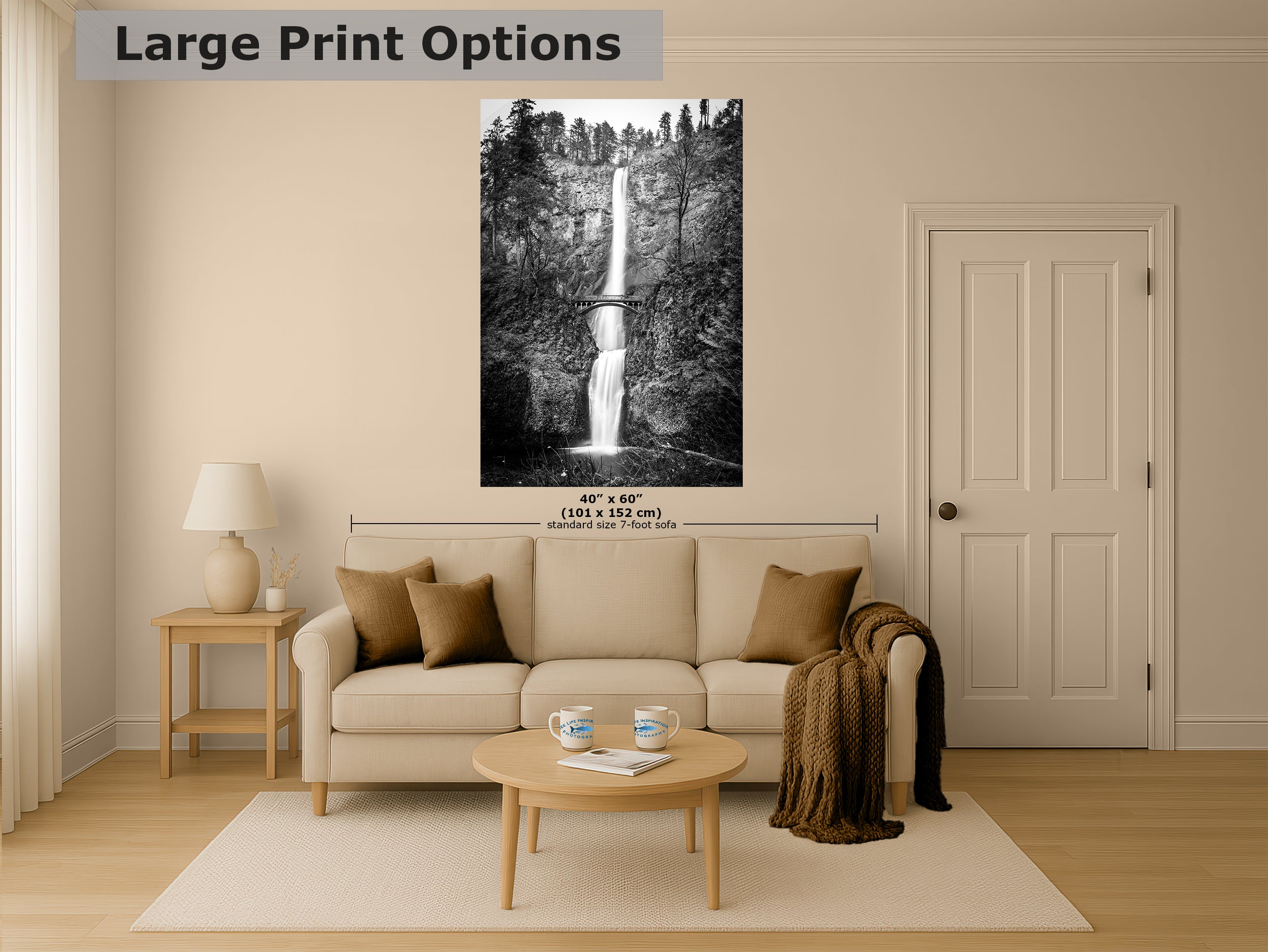 Multnomah Waterfall Picture Nature Photo, Black and White, Pacific Northwest Oregon Picture Relaxation Artwork, Columbia River Gorge for Meditation, House