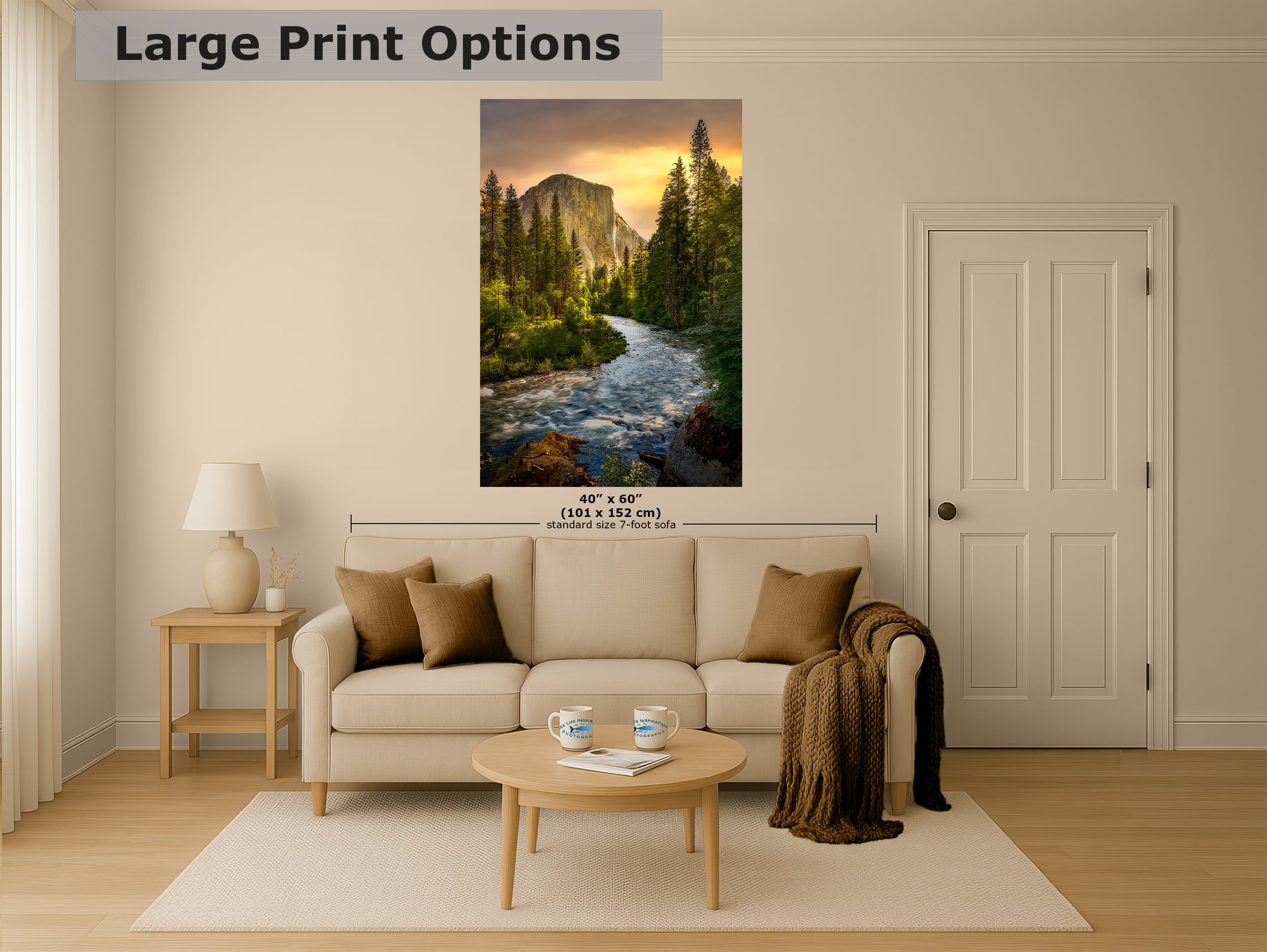 El Capitan Yosemite National Park Nature Photo with Merced River, Granite Mountain Picture Relaxation Artwork for Meditation, Dorm, Office, or House Decor