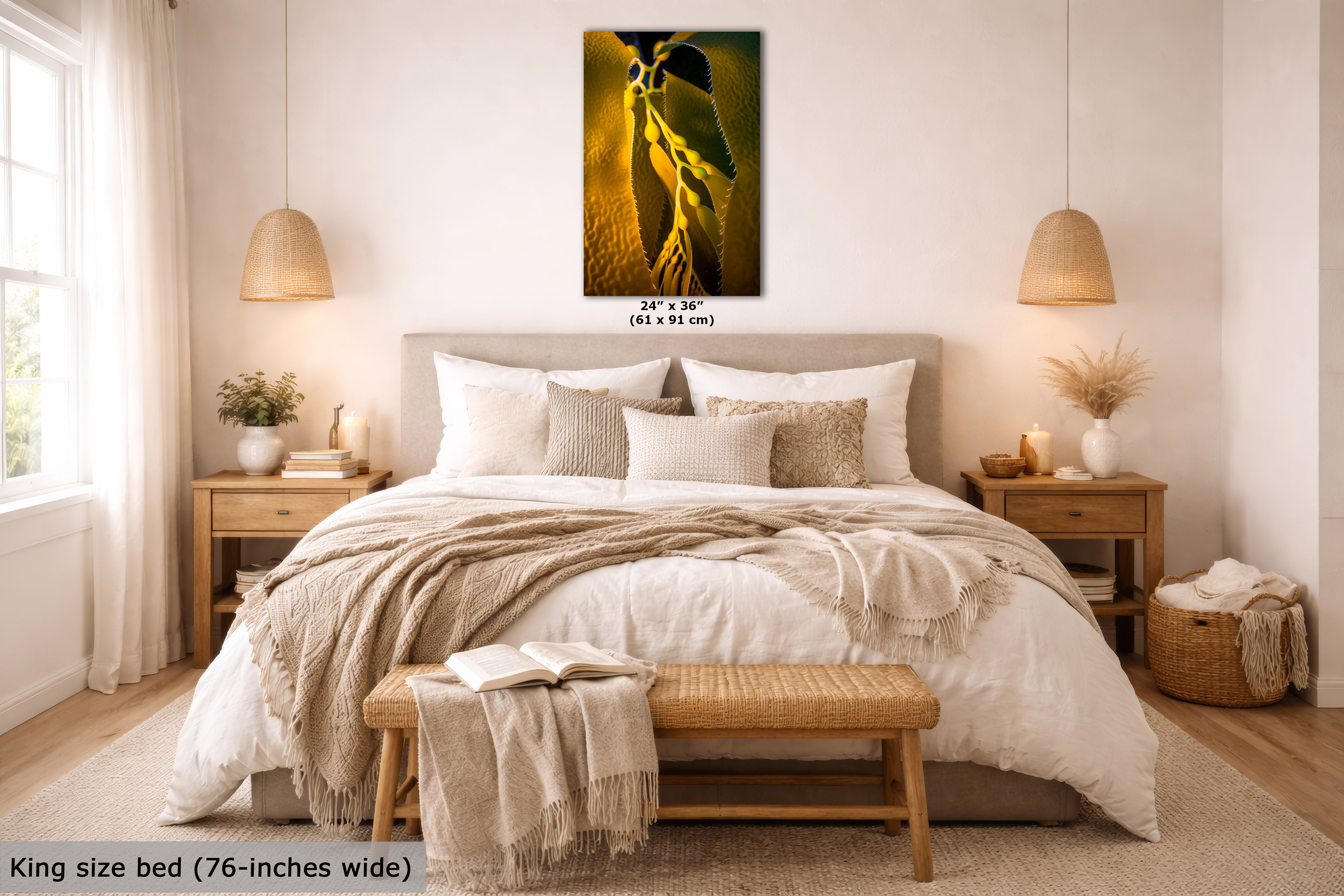 A framed wall art print showing an underwater photograph of California giant kelp, displayed above a neatly made bed in a bright, modern bedroom. The print includes size text reading 24" x 36" (61 x 91 cm), and the room scene includes a king size bed noted as 76-inches wide.