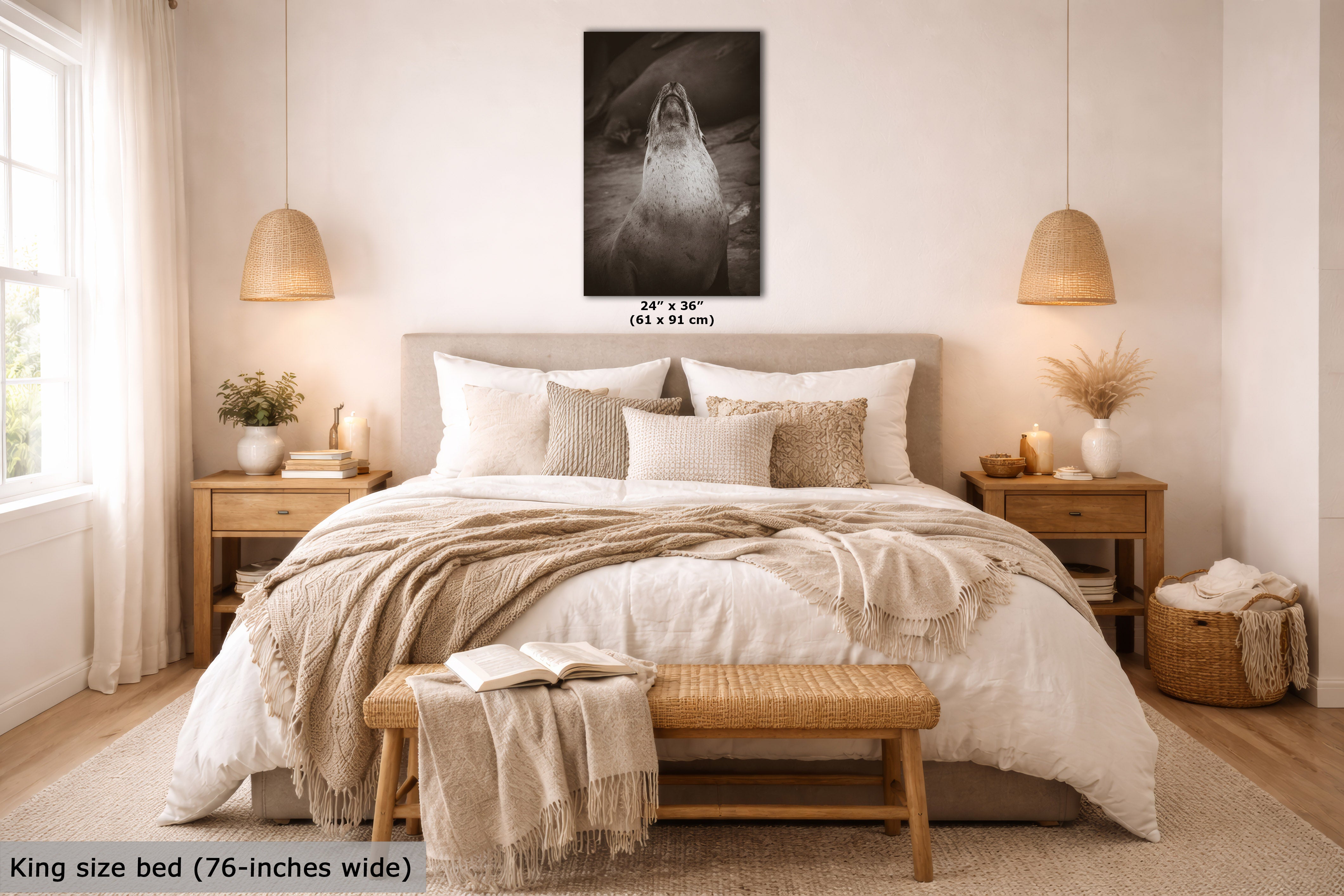 A styled bedroom scene showing a framed black-and-white wall art print above a bed. The print appears to be the product being sold, with text indicating dimensions 24 x 36 inches (61 x 91 cm) and a note at the bottom left stating king size bed (76 inches wide).
