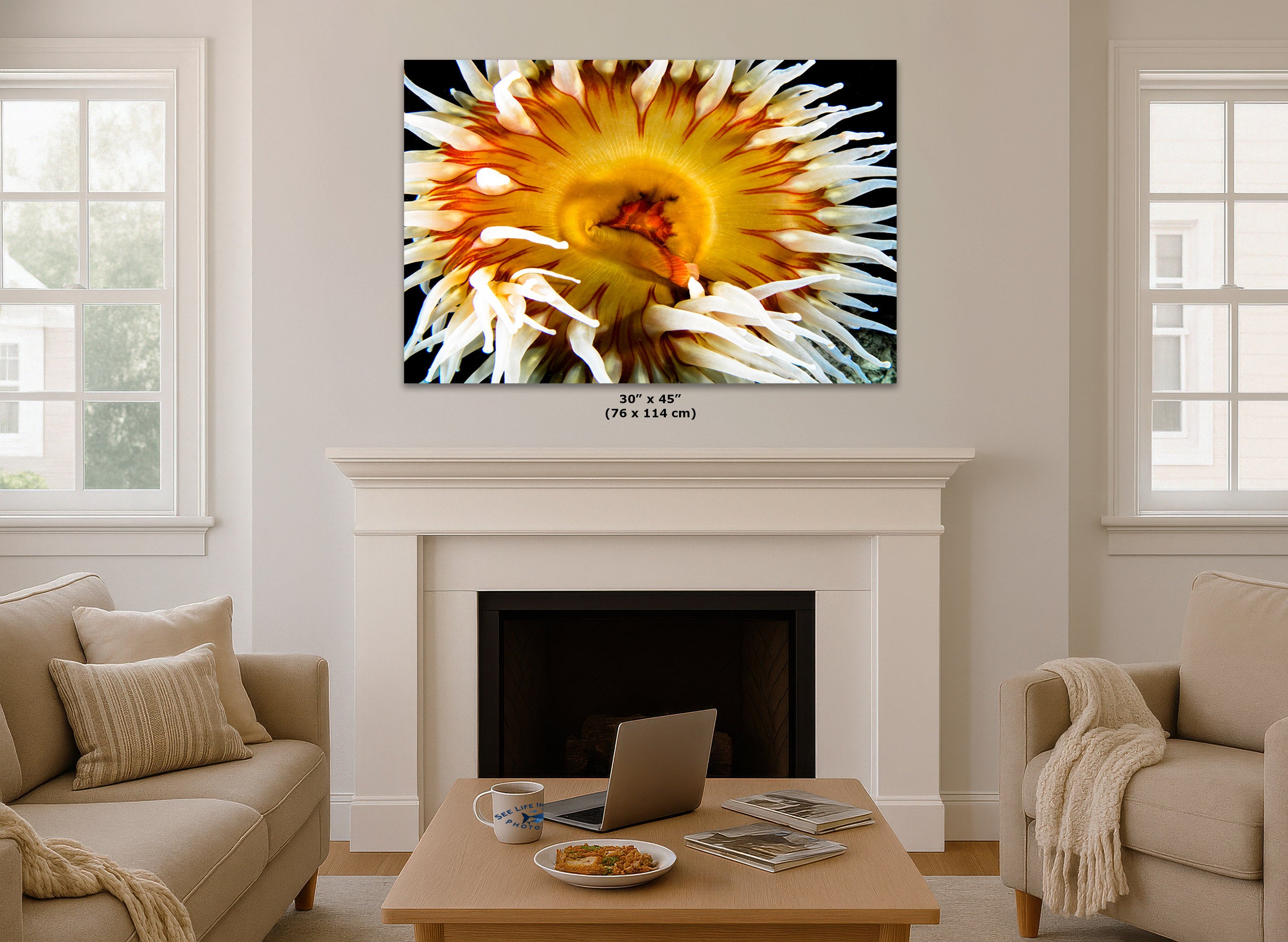 A large wall art print displayed above a white fireplace mantel in a bright living room. Small text below the artwork reads 30 x 45 in (76 x 114 cm).
