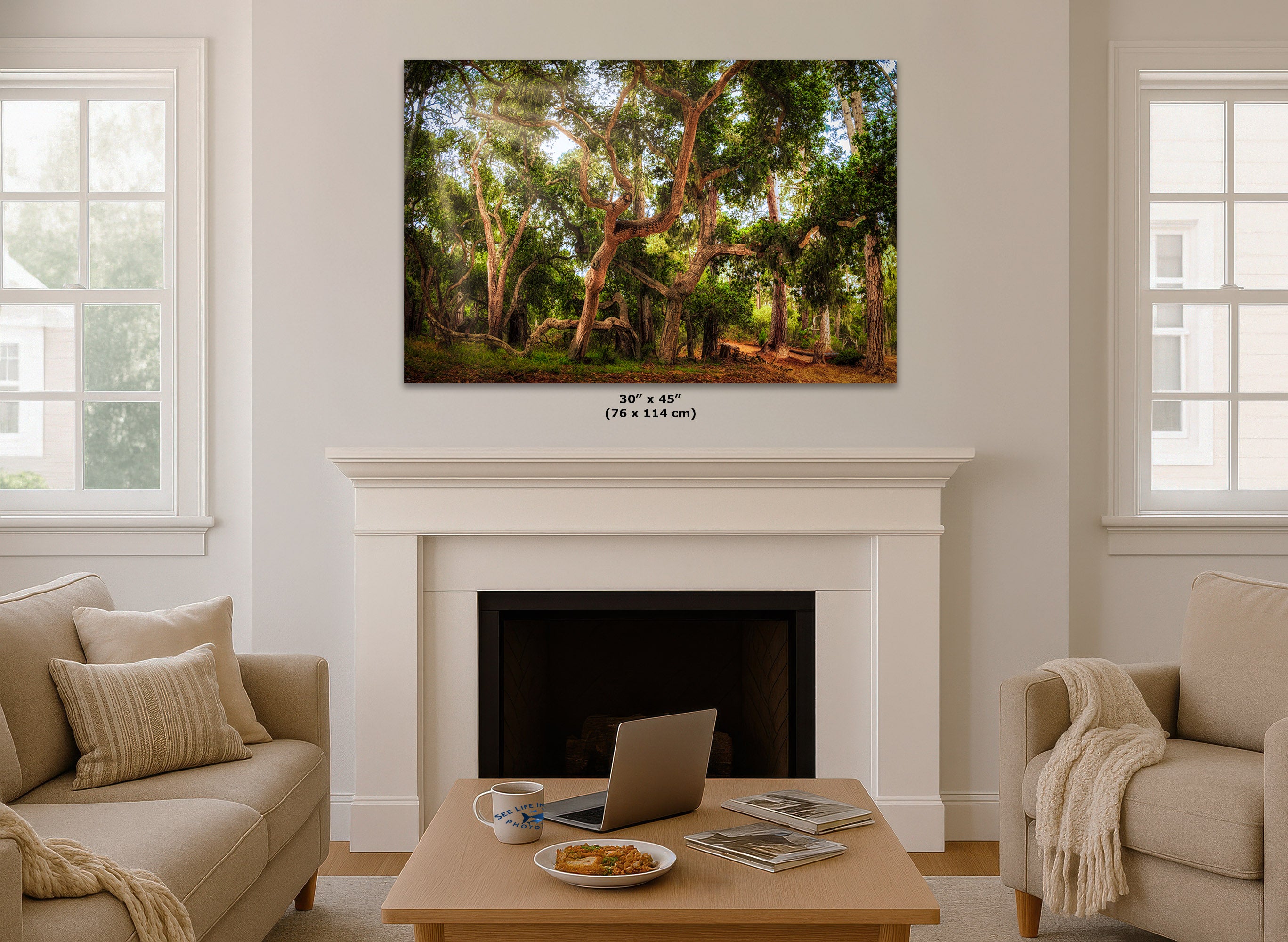 A forest landscape print with green trees and warm brown trunks, displayed above a white fireplace mantel in a bright living room. Small text below the print reads 30" x 45" (796 x 114 cm).