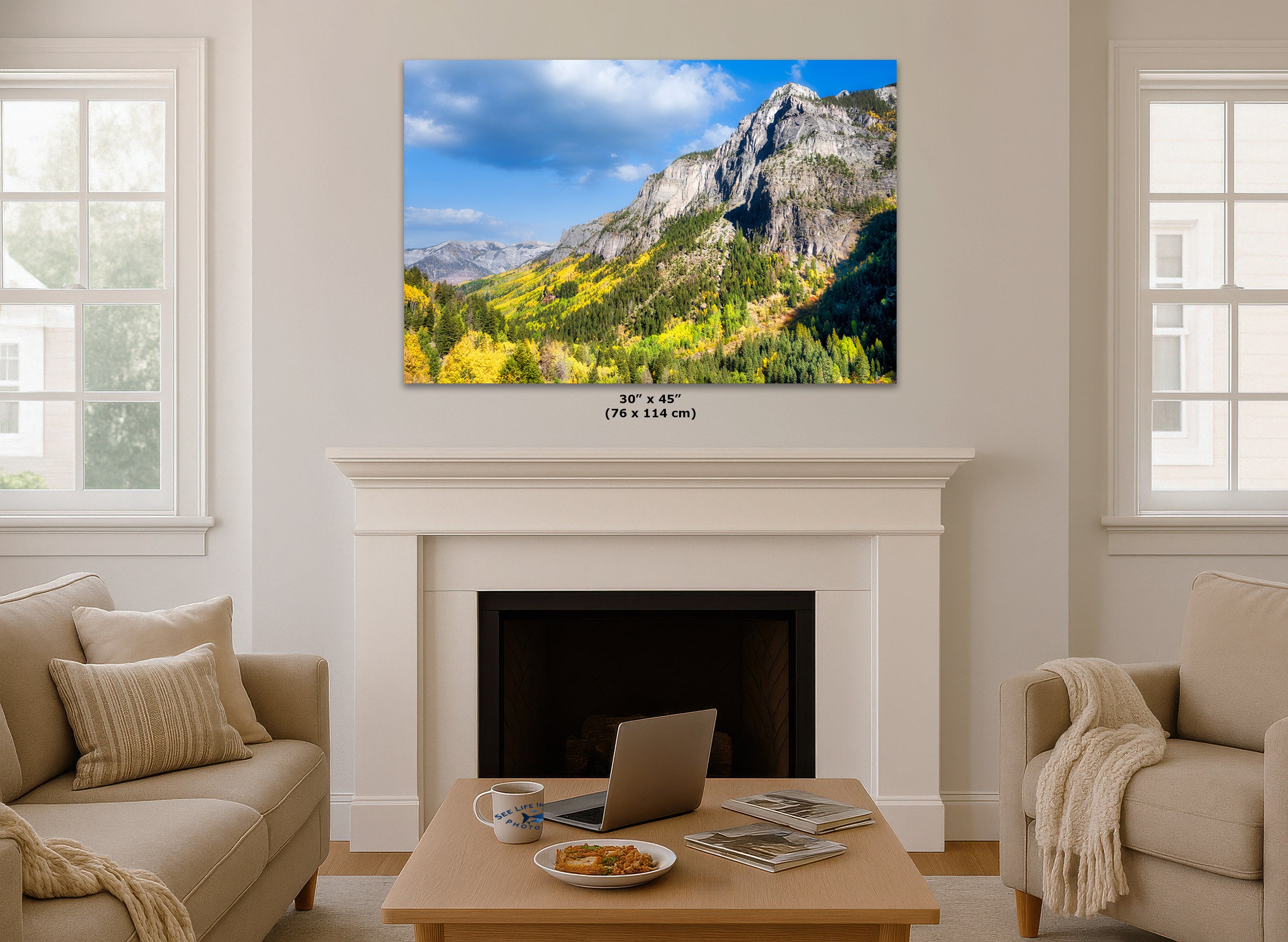 Living room with a wall art print displaying a Colorado mountain landscape with yellow aspen trees under a blue sky, with beige sofas, a coffee table with items, and windows.