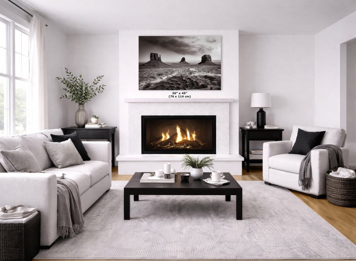 A modern living room featuring a white fireplace with a black firebox, a large black and white landscape print above it, a white sofa, a white armchair, and a dark wood coffee table on a light gray rug.