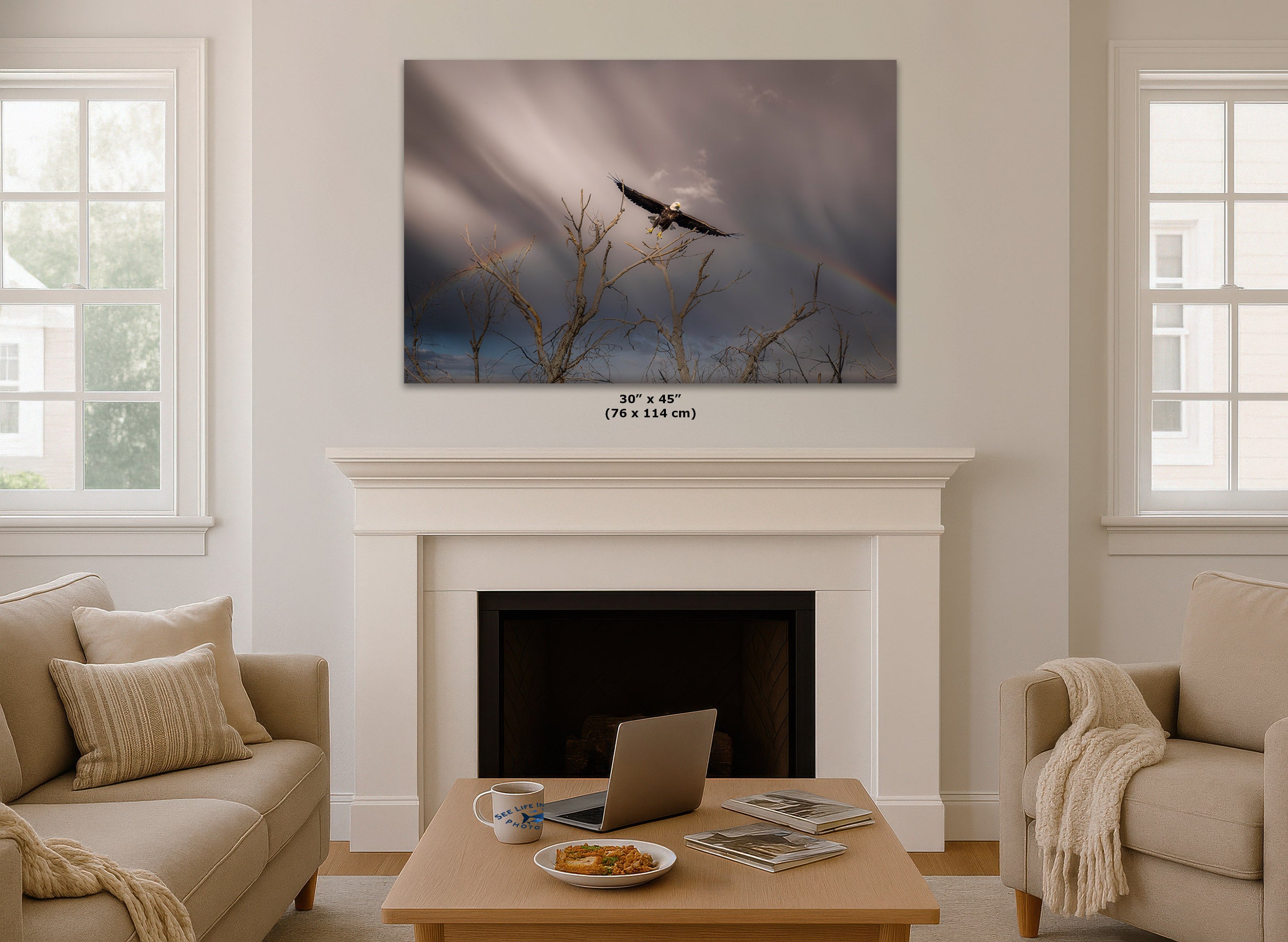 A wall art print showing a bald eagle flying over bare winter branches under a dramatic cloudy sky with a faint rainbow, displayed above a white fireplace in a bright living room. Small text below the print reads 30 x 45 (76 x 114 cm).