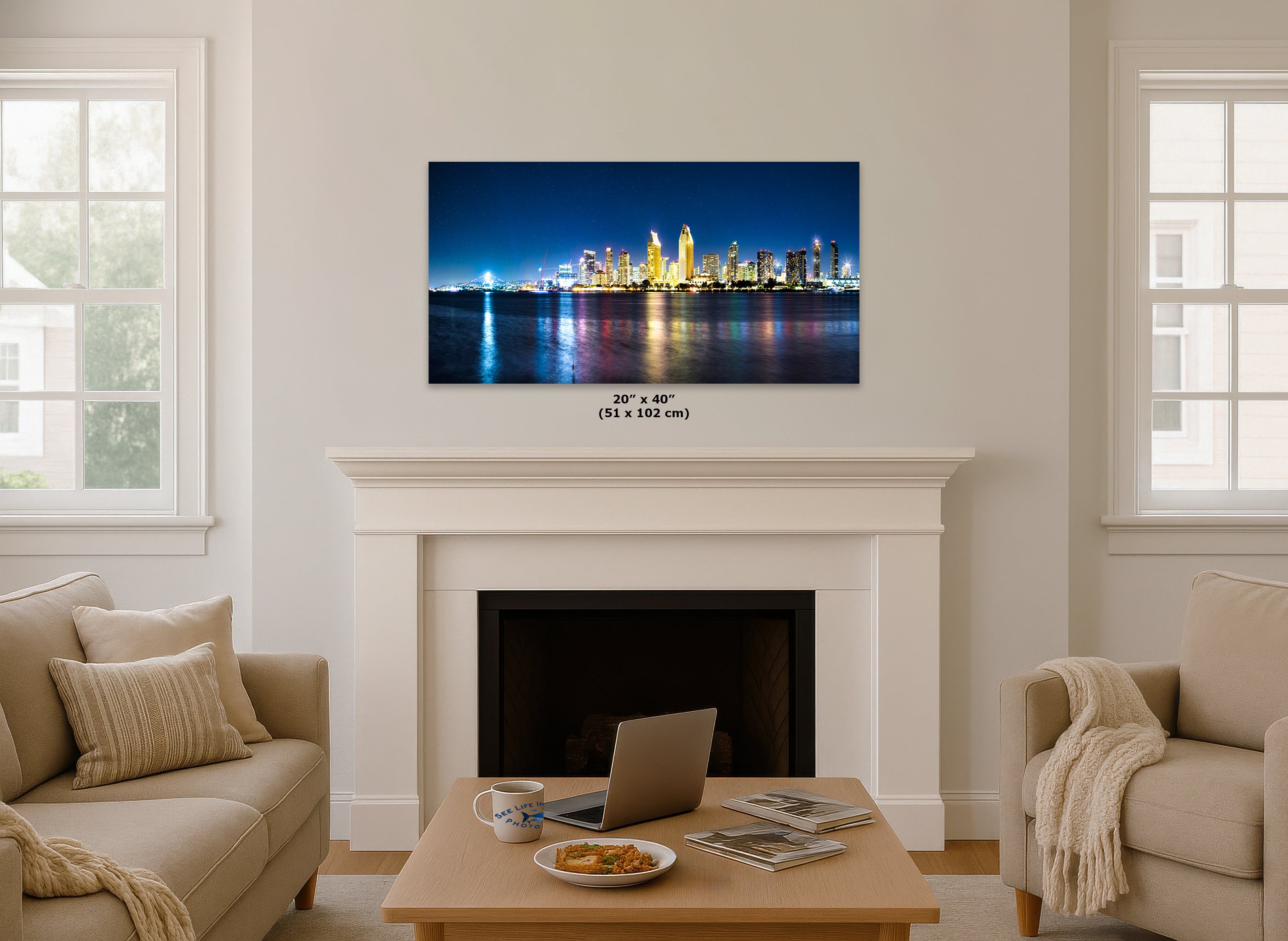 San Diego Skyline Panorama Photo, Urban Cityscape at Night Wall Art, Large Canvas Print for Living Room or Office