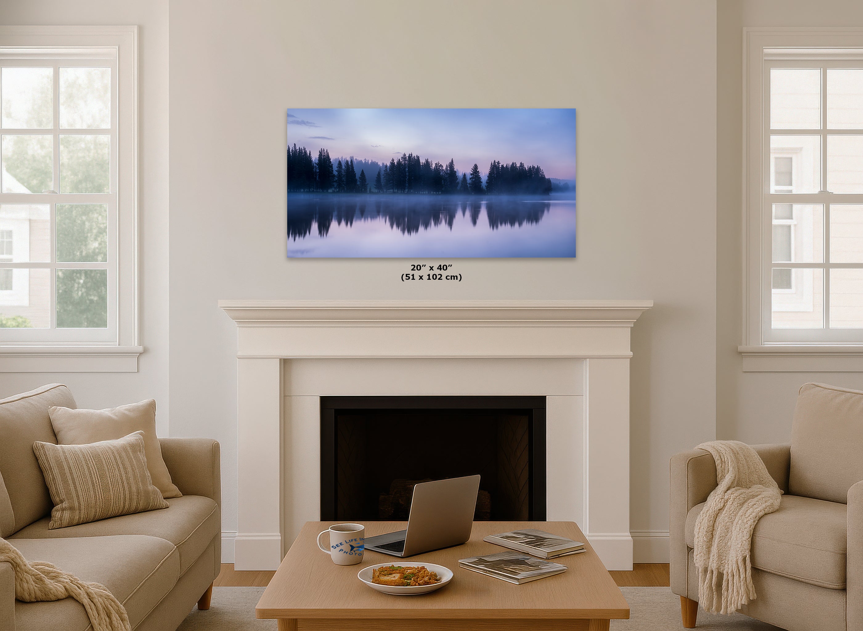 Yellowstone Lake Foggy Forest Picture, Reflection Nature Photo, Wyoming Landscape Relaxation Artwork for Meditation, Office, & House Decor