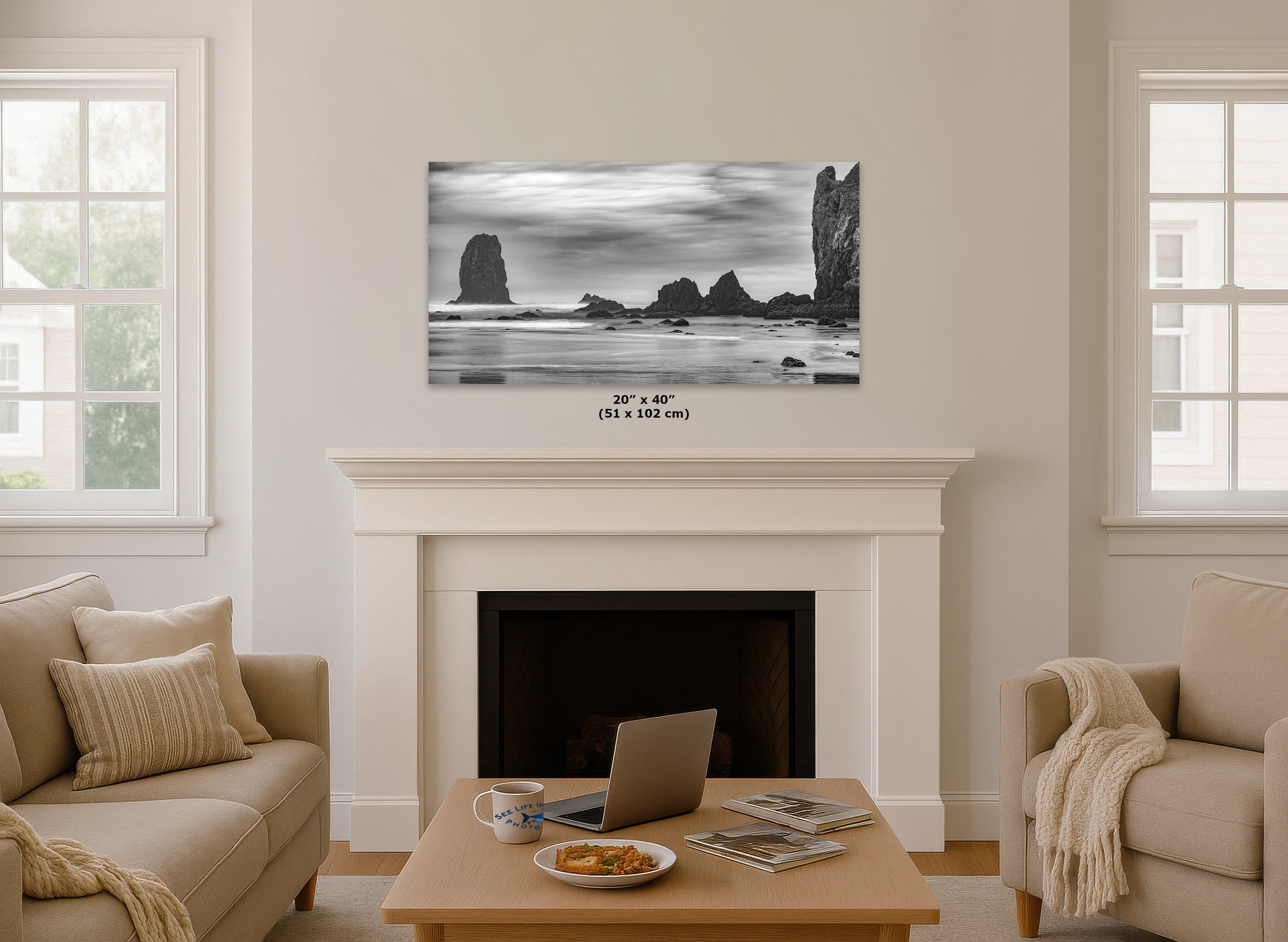 Cannon Beach Oregon Coast Ocean Picture Nature Photo, Black and White Haystack Rocks, Coastal Beach House Decor for Ocean Lovers
