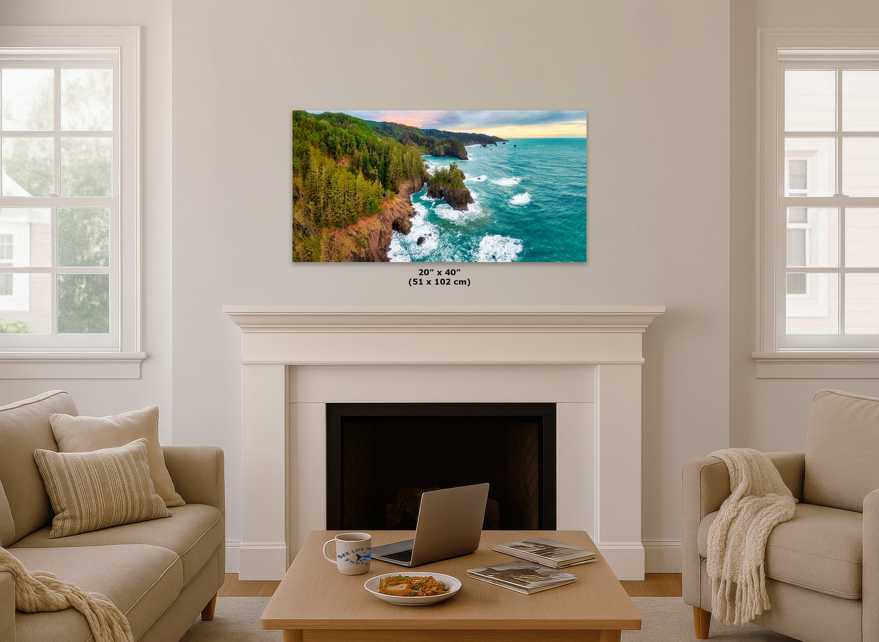 Oregon Coast Ocean Picture, Pacific Northwest Nature Photo Panorama Relaxation Artwork for Meditation, Apartment, Office & House Decor