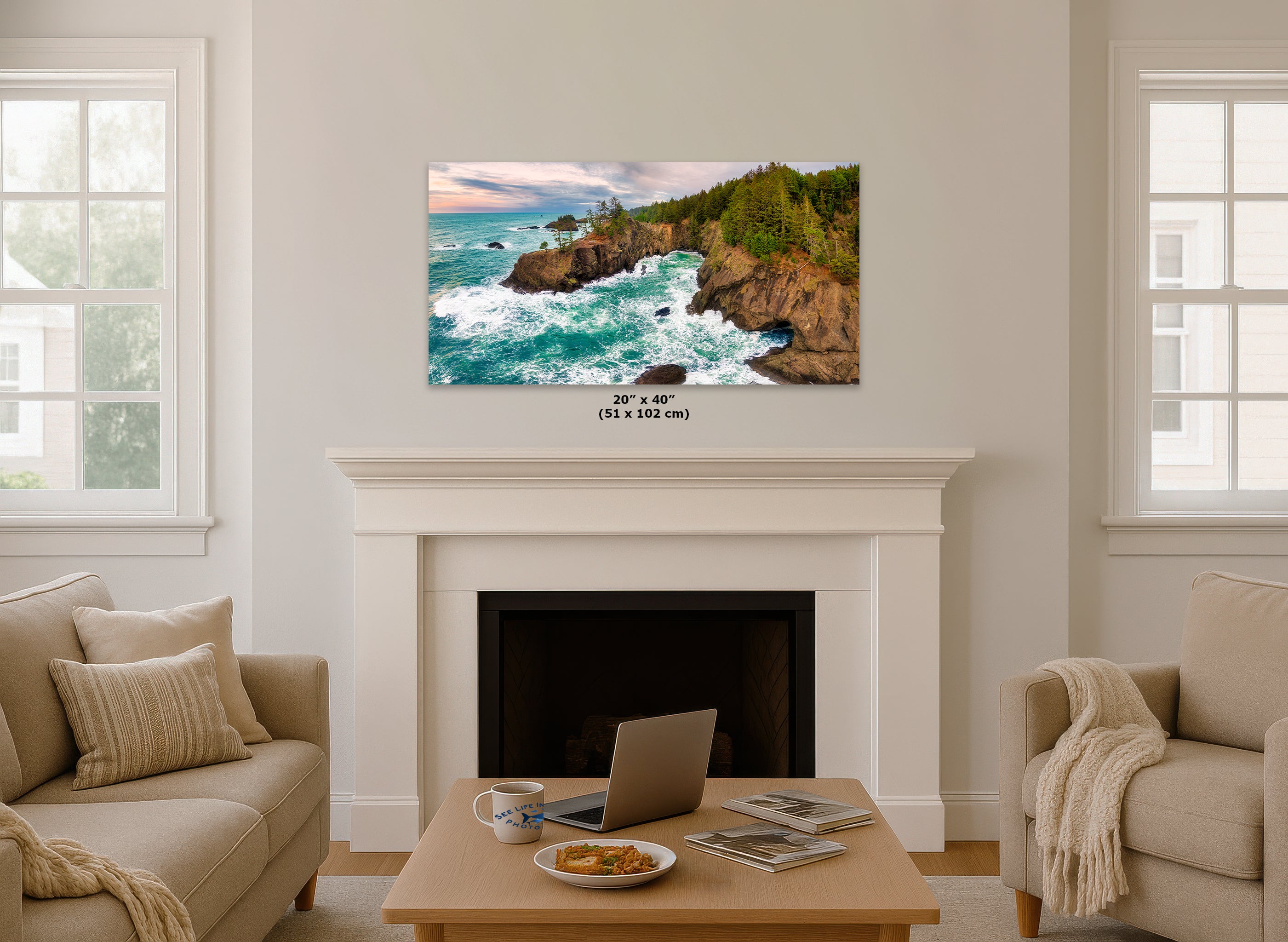 Oregon Coast Ocean Picture, Pacific Northwest Nature Photo Panorama Relaxation Artwork for Meditation, Apartment, Office & House Decor