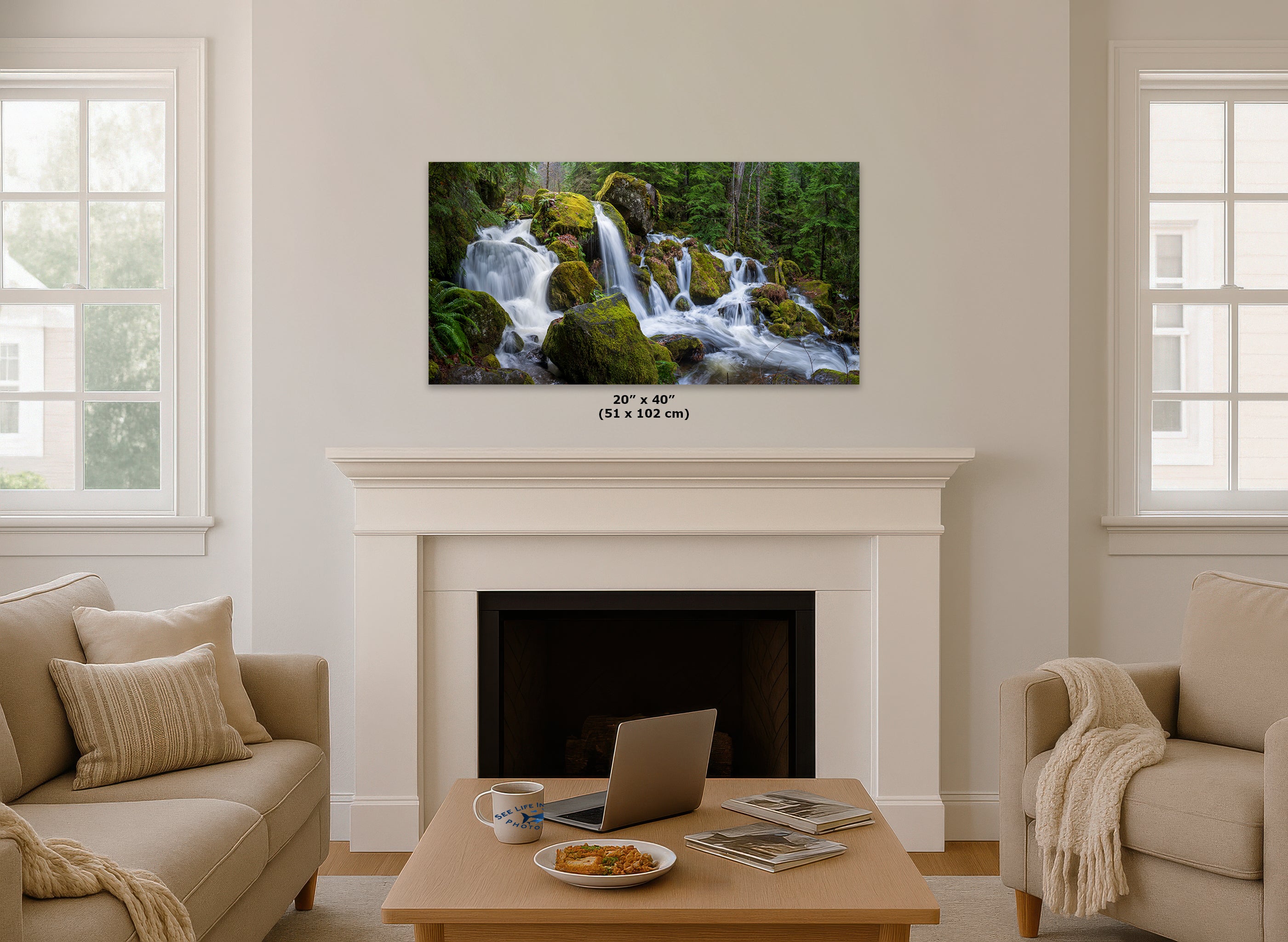 Oregon Waterfall Picture, Pacific Northwest Nature Photo Relaxation Artwork in Bohemian Style for Meditation, Office, Apartment, House Decor