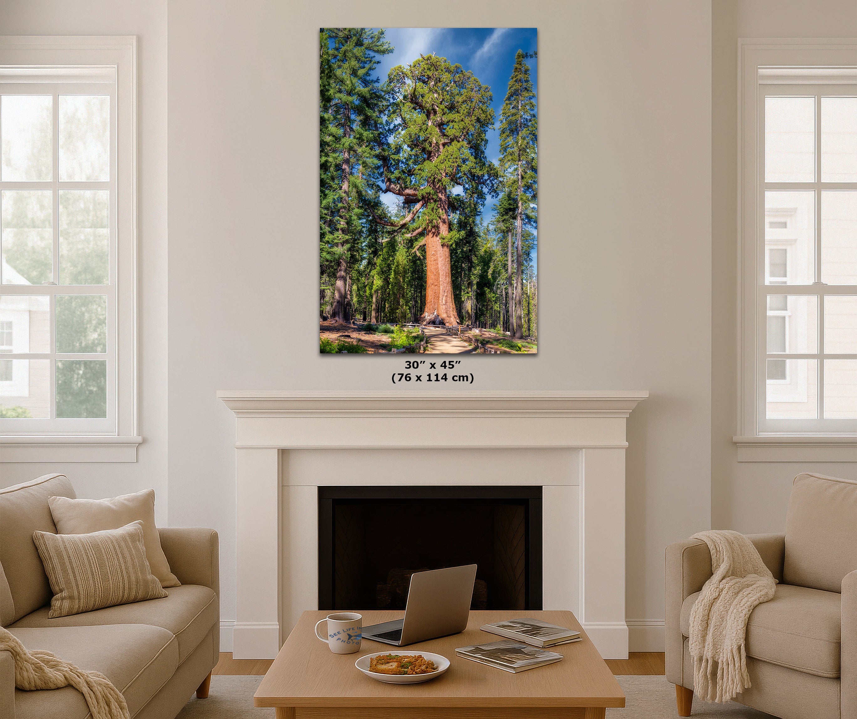 A framed vertical canvas print of a giant sequoia tree in a forest, displayed on a white fireplace mantel in a modern living room setting. The print features a size dimension overlay indicating 30" x 45" (76 x 114 cm).
