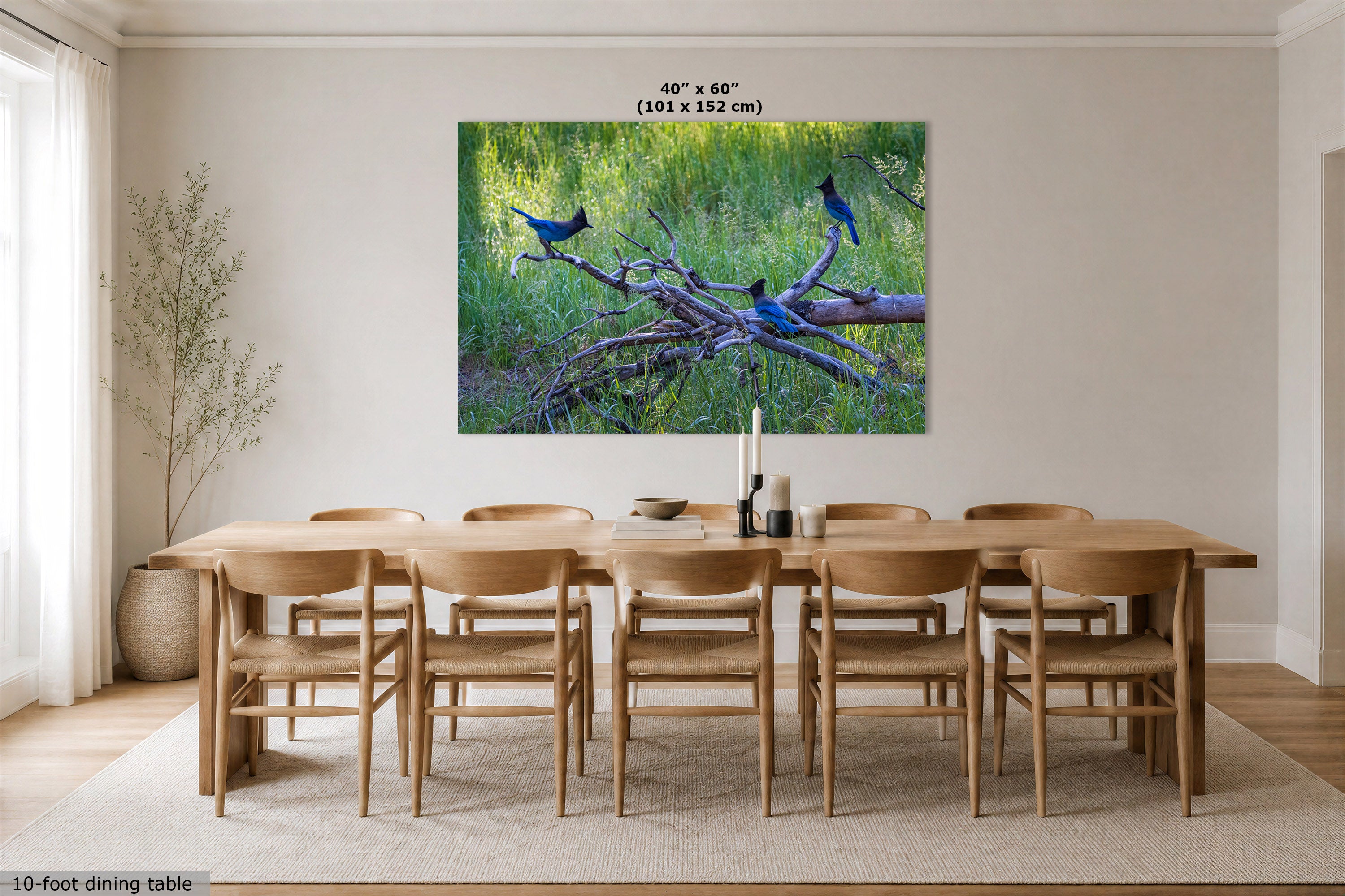 A large wall art print showing bluebirds perched on a fallen log in a grassy setting, displayed above a wooden dining table and chairs in a bright dining room. The print includes size text reading 40" x 60" (101 x 152 cm).