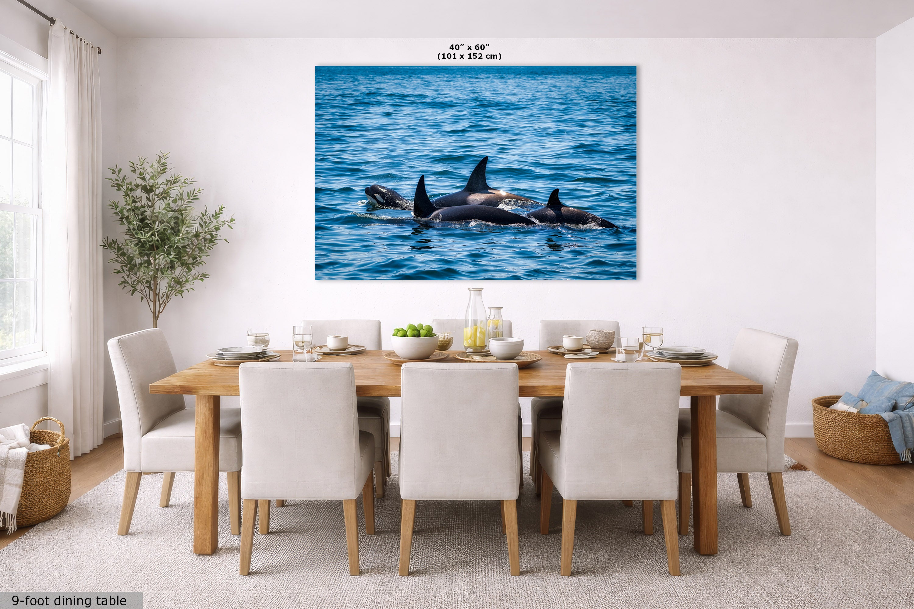 A large wall art print showing a blue ocean scene with killer whales, displayed above a dining table in a bright modern room. Small text at the top reads 40" x 60".
