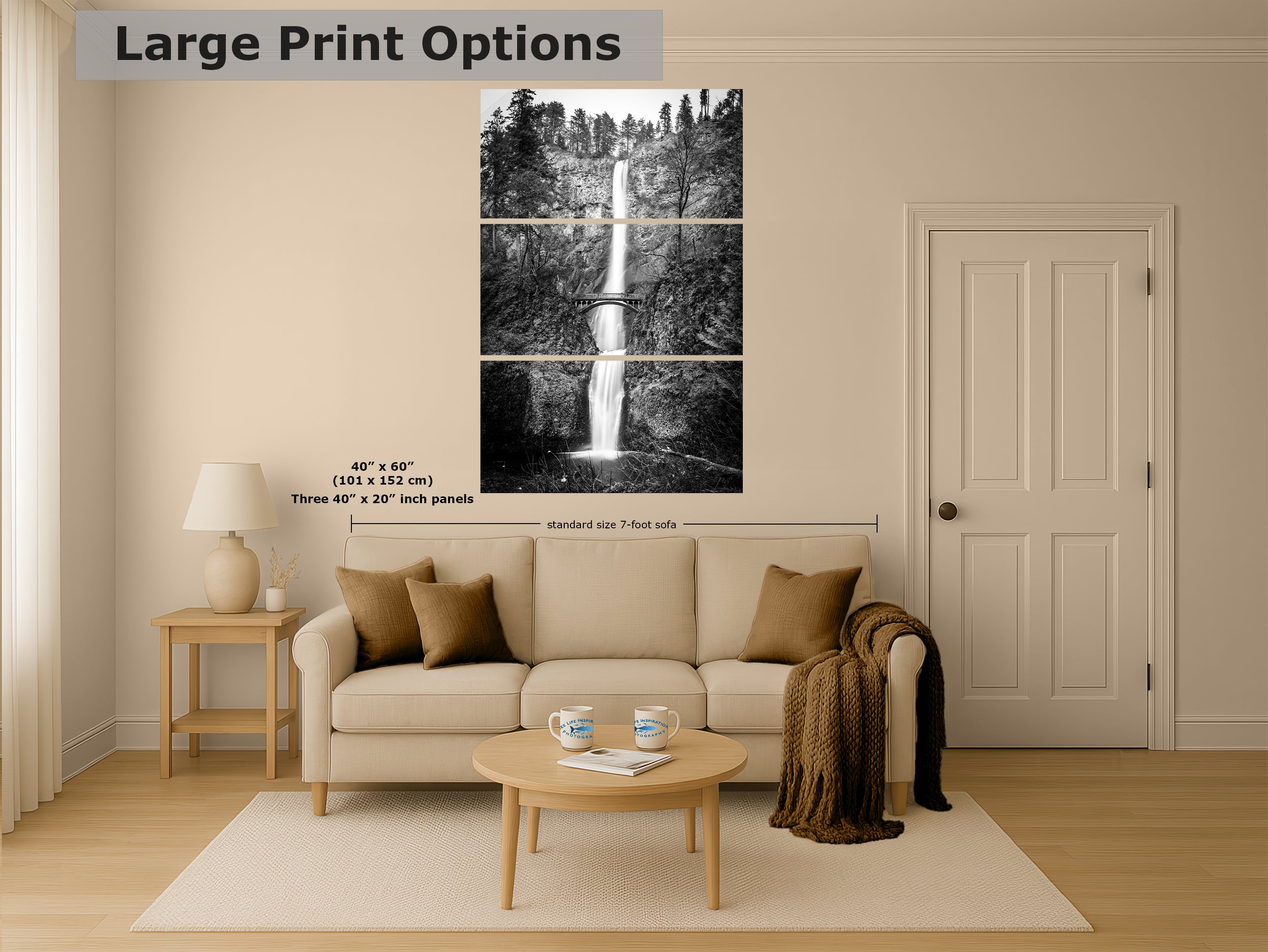 Multnomah Waterfall Picture Nature Photo, Black and White, Pacific Northwest Oregon Picture Relaxation Artwork, Columbia River Gorge for Meditation, House