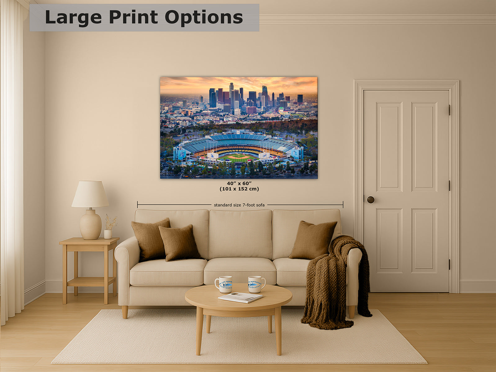 40x60 inch print of Dodger Stadium and the Los Angeles skyline at sunset, large baseball wall art above a sofa