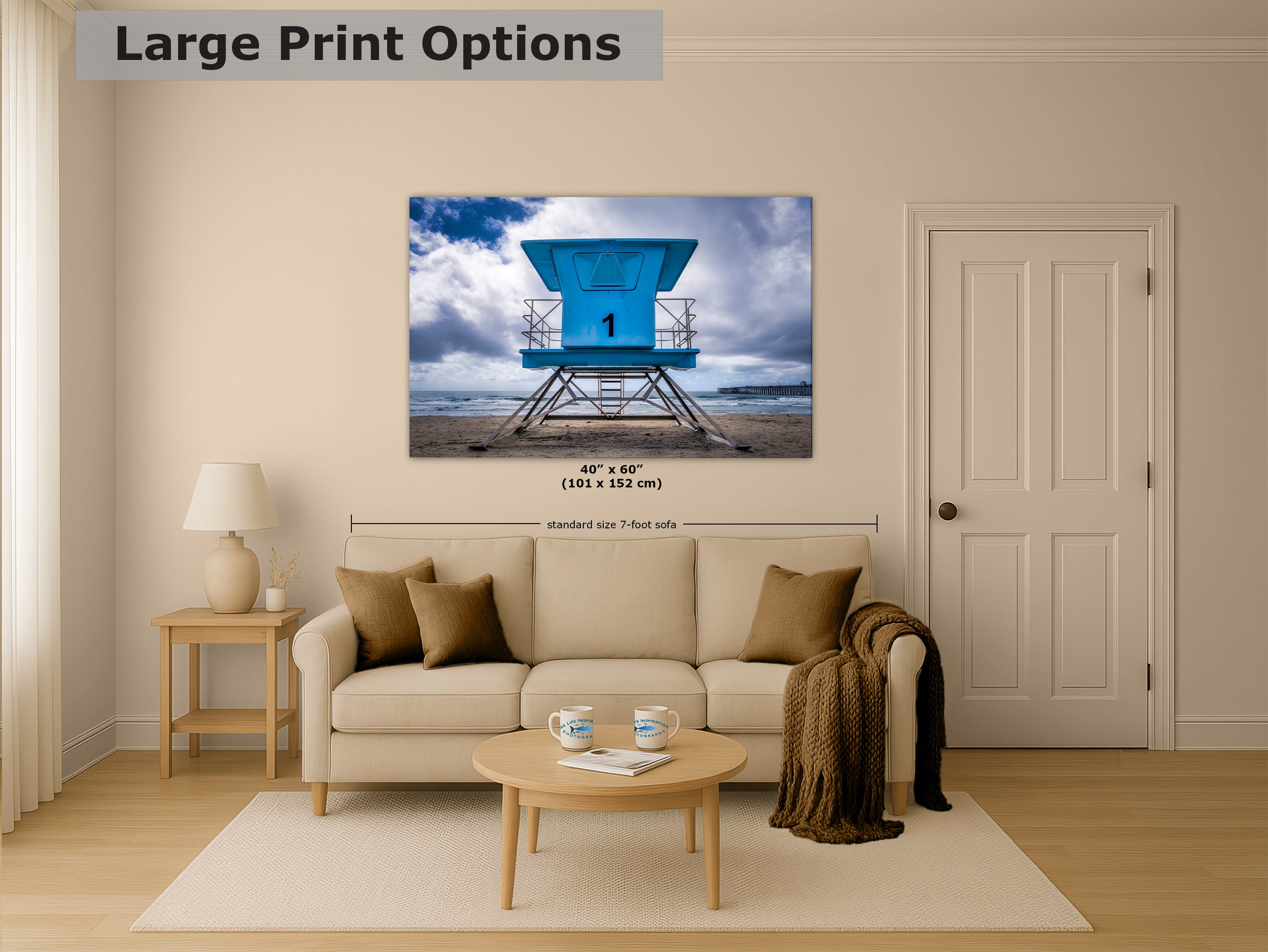Southern California Coastline Lifeguard Tower Ocean Picture, Oceanside Pier Relaxation Artwork for Meditation, Office, Dorm, and House Decor