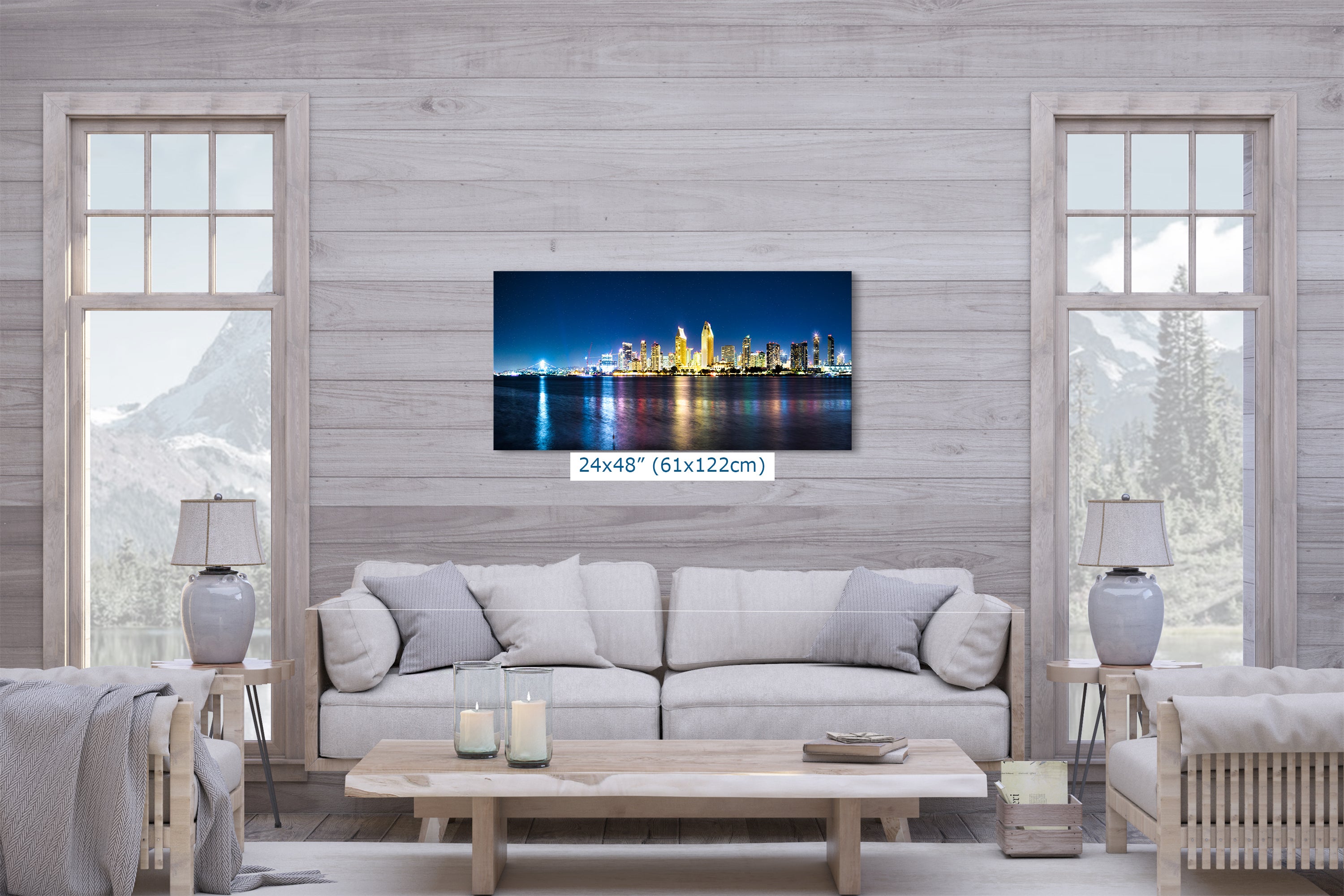 San Diego Skyline Panorama Photo, Urban Cityscape at Night Wall Art, Large Canvas Print for Living Room or Office