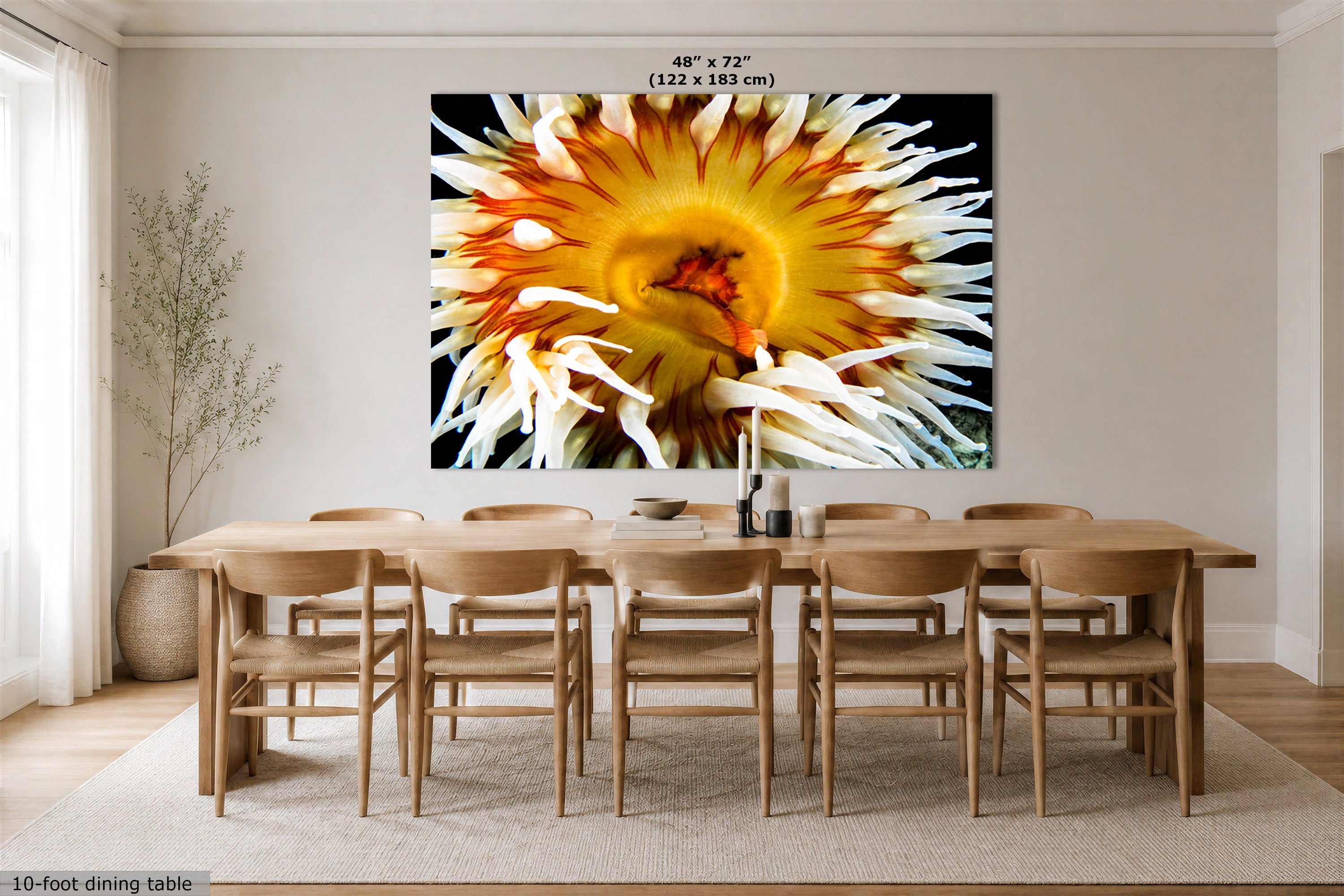 A large wall art print displayed above a wooden dining table and chairs in a bright dining room. Text at the top reads 48" x 72" (122 x 183 cm).