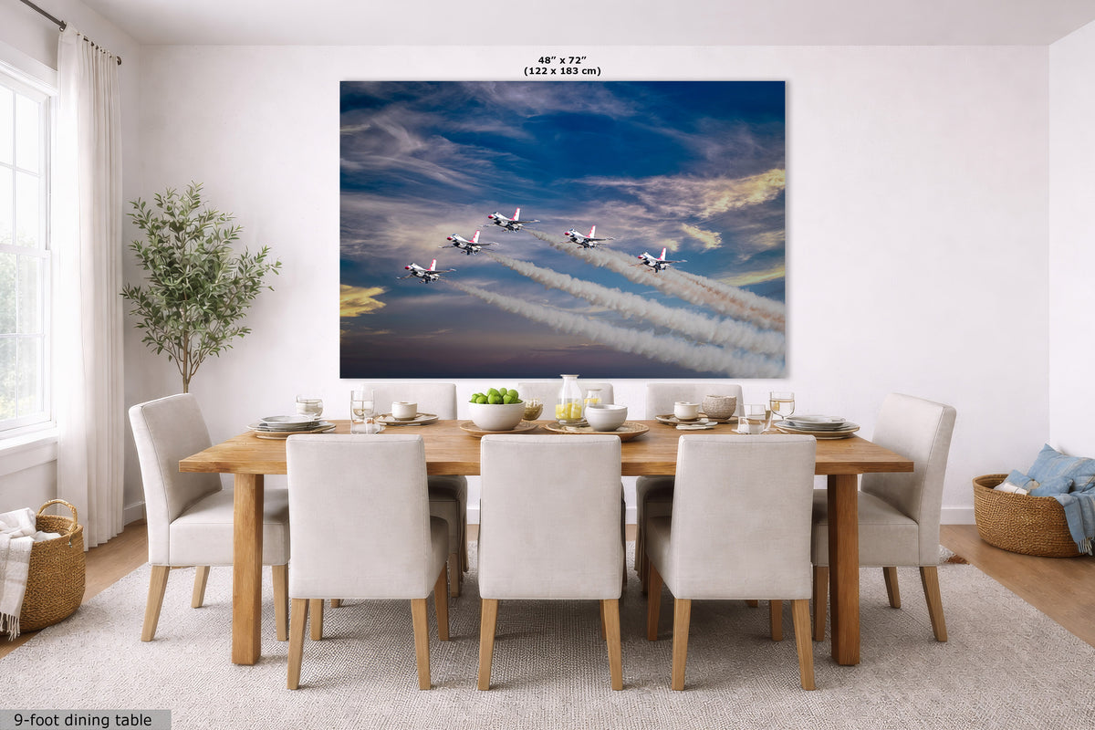 A large wall art print showing six airplanes flying in a blue sky with contrails, displayed above a dining table in a bright modern room. The print includes size text at the top and a label at bottom left reading 9-foot dining table.