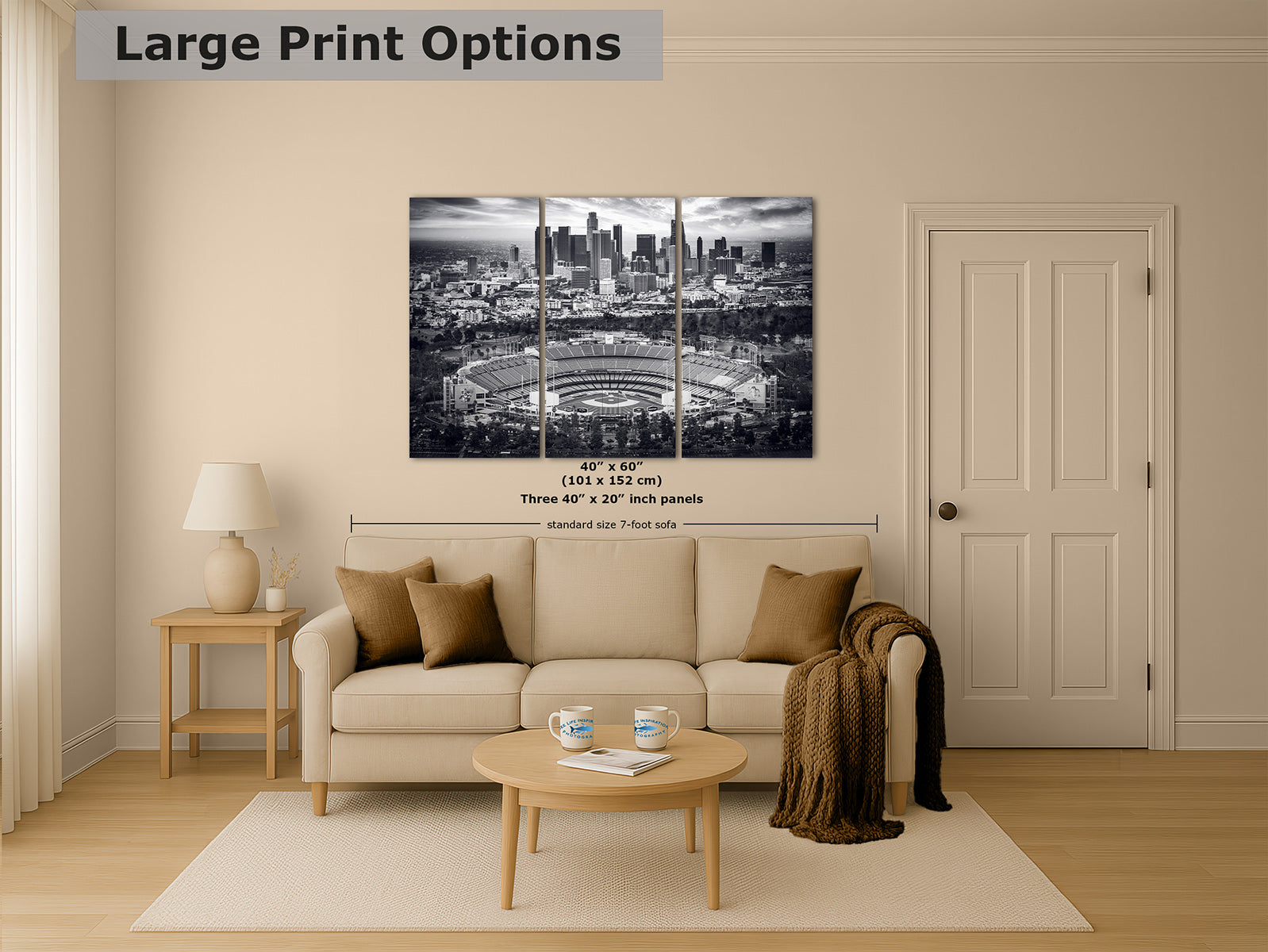 40x60 inch three-panel grayscale print of Dodger Stadium and the Los Angeles skyline, black and white baseball wall art above a sofa