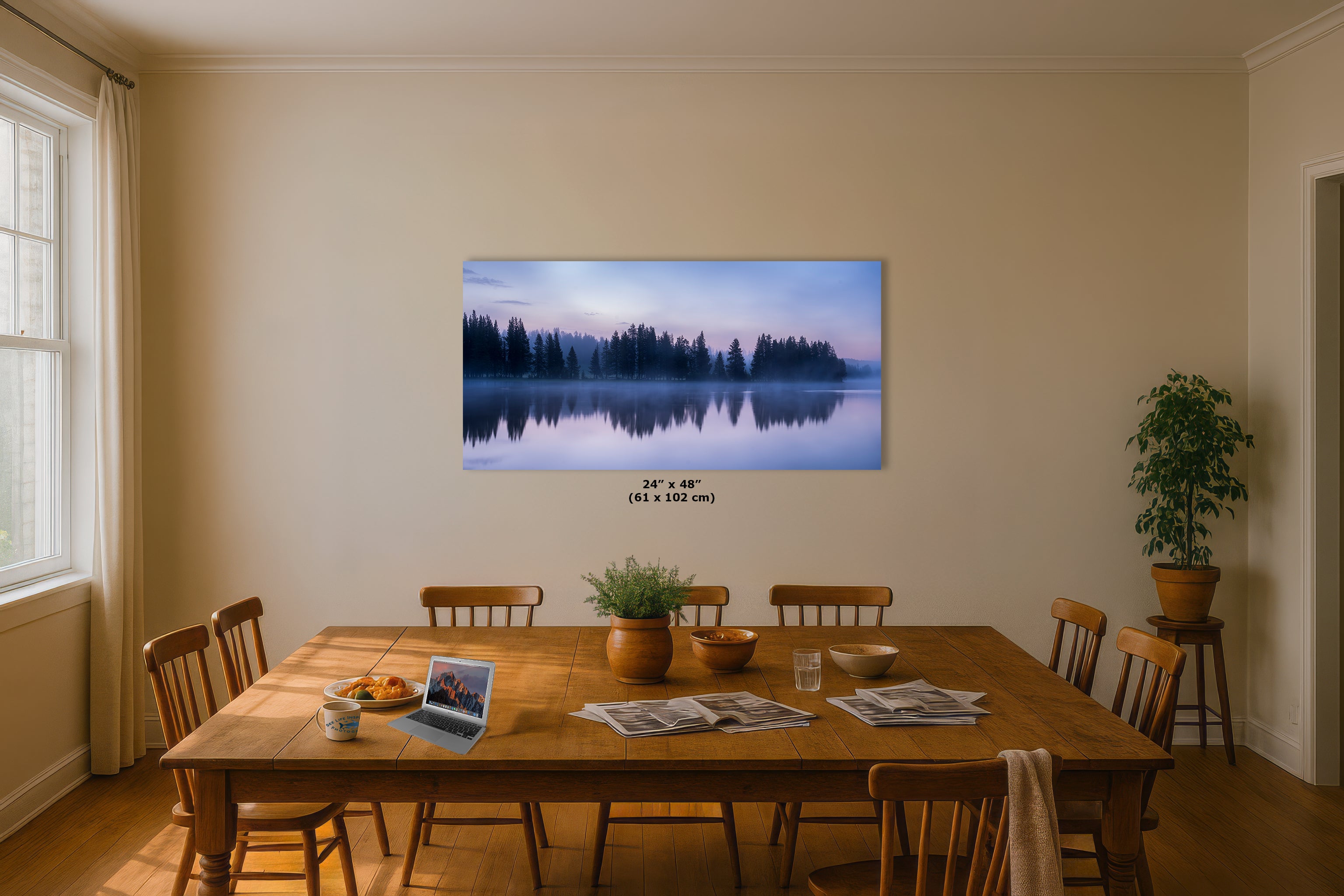 Yellowstone Lake Foggy Forest Picture, Reflection Nature Photo, Wyoming Landscape Relaxation Artwork for Meditation, Office, & House Decor