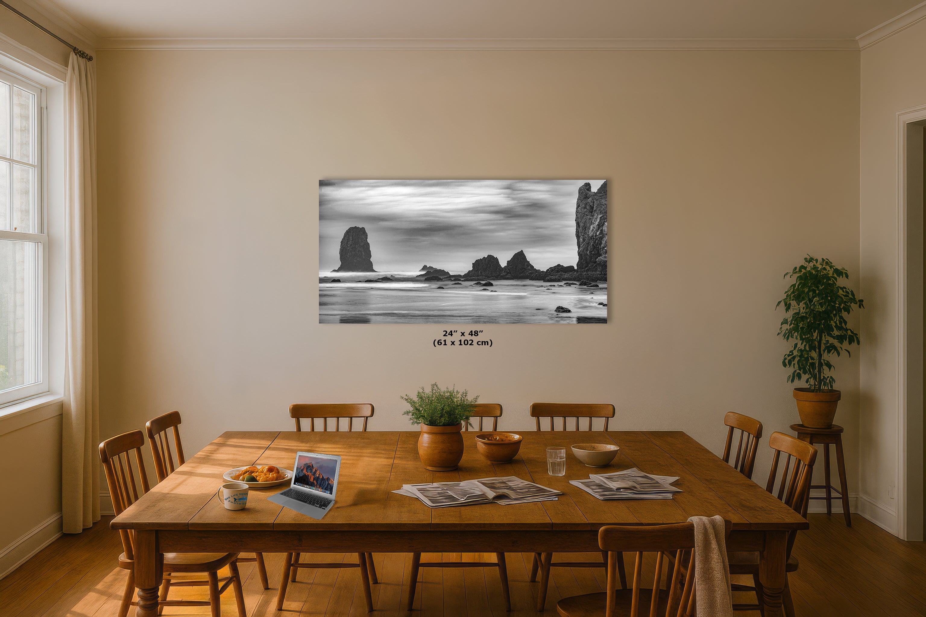 Cannon Beach Oregon Coast Ocean Picture Nature Photo, Black and White Haystack Rocks, Coastal Beach House Decor for Ocean Lovers