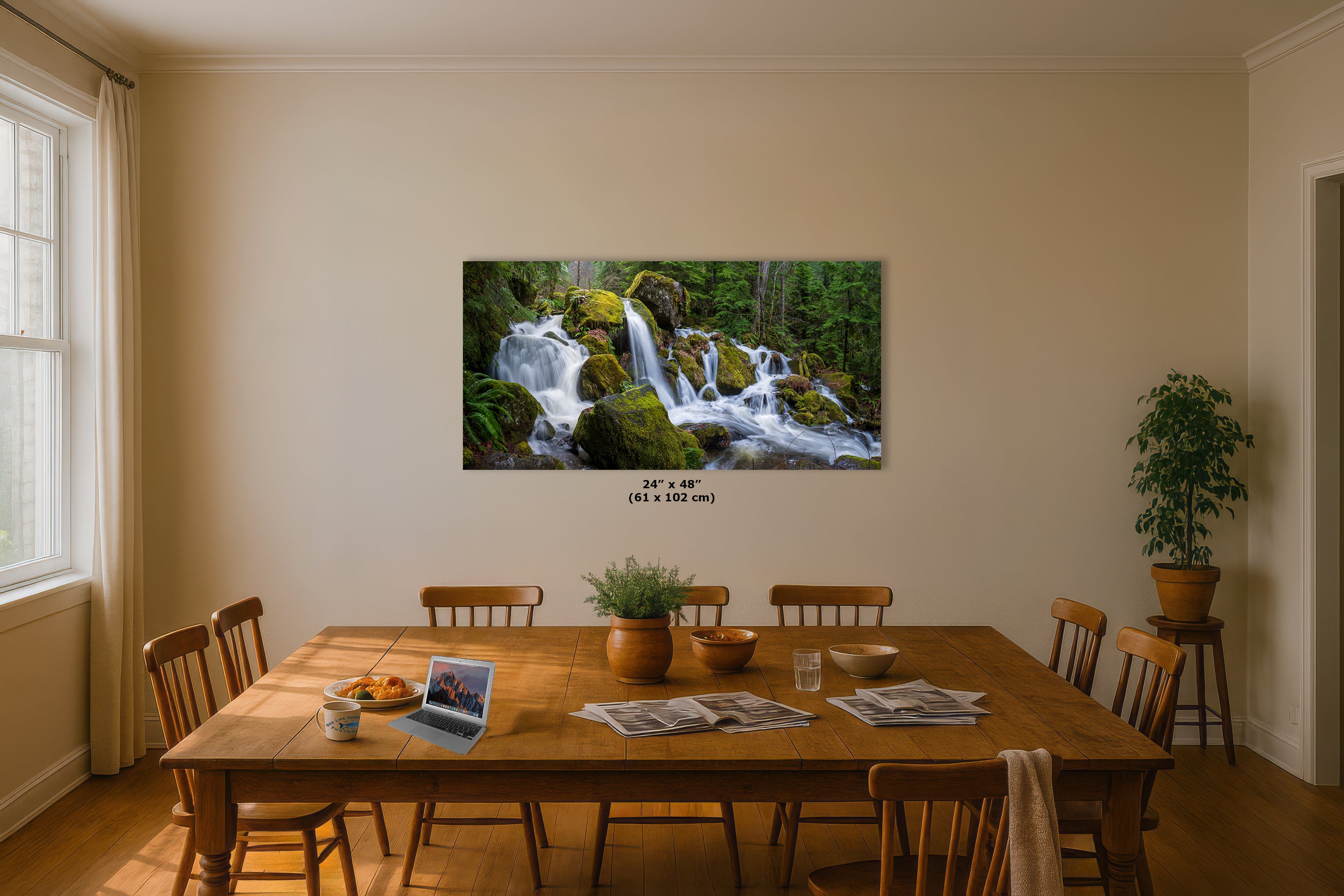 Oregon Waterfall Picture, Pacific Northwest Nature Photo Relaxation Artwork in Bohemian Style for Meditation, Office, Apartment, House Decor