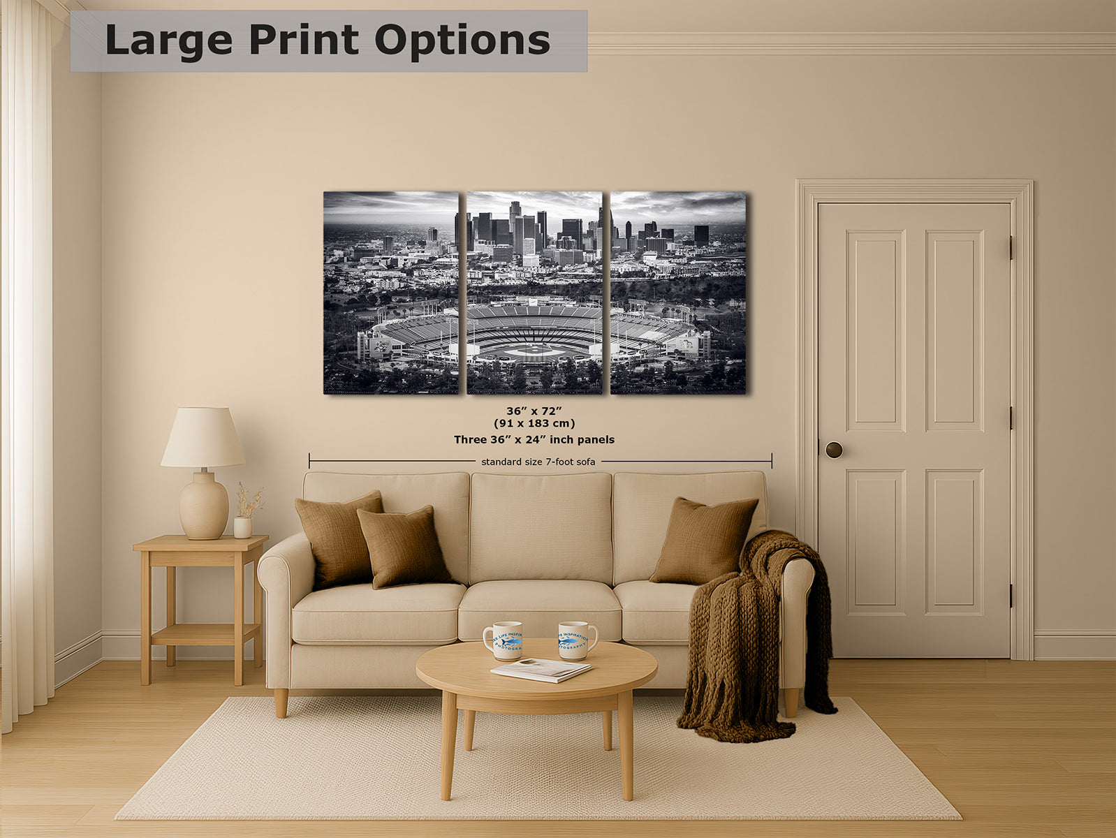36x72 inch three-panel black and white print of Dodger Stadium and the Los Angeles skyline, monochrome baseball wall art above a sofa