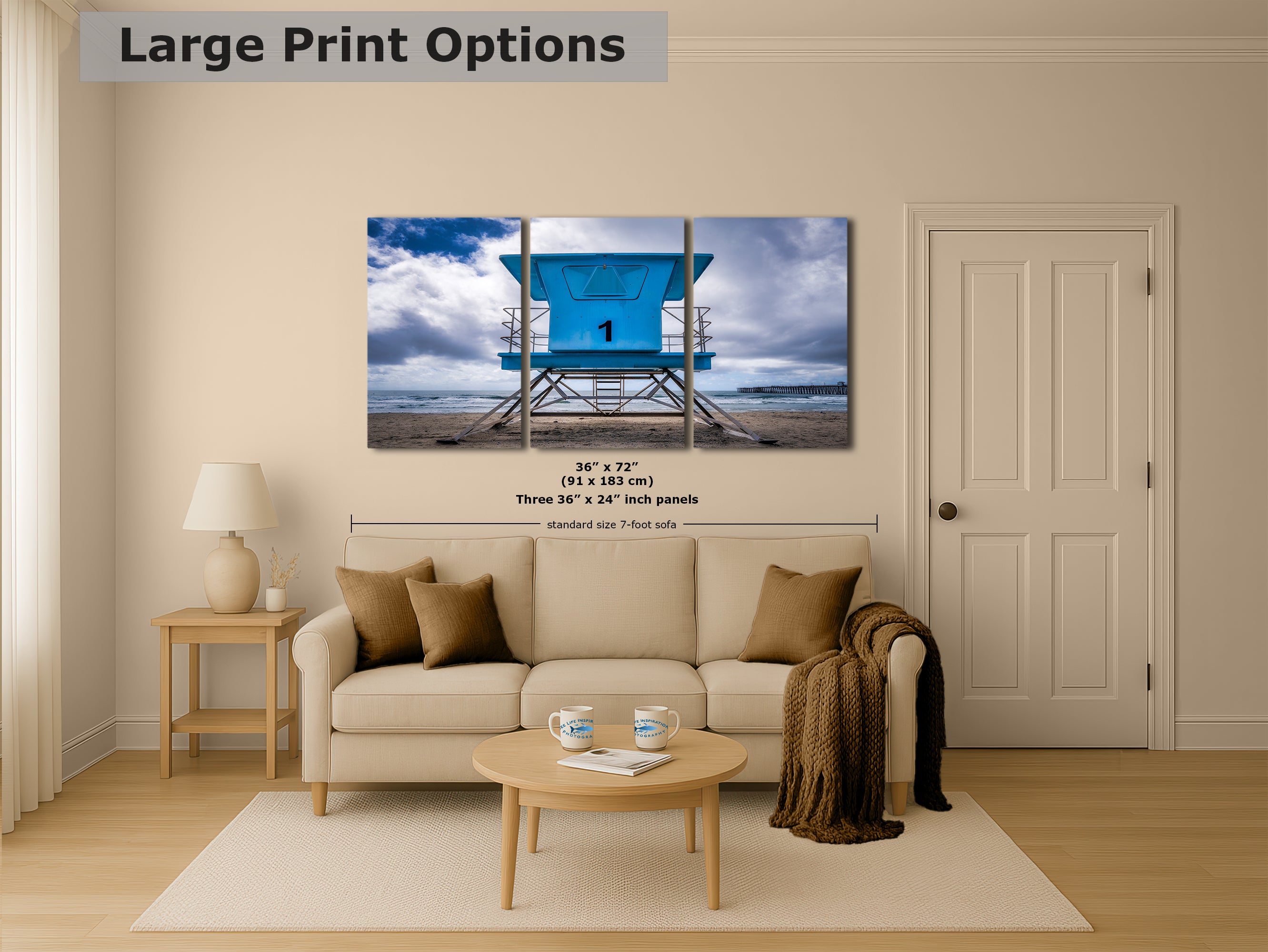 Southern California Coastline Lifeguard Tower Ocean Picture, Oceanside Pier Relaxation Artwork for Meditation, Office, Dorm, and House Decor