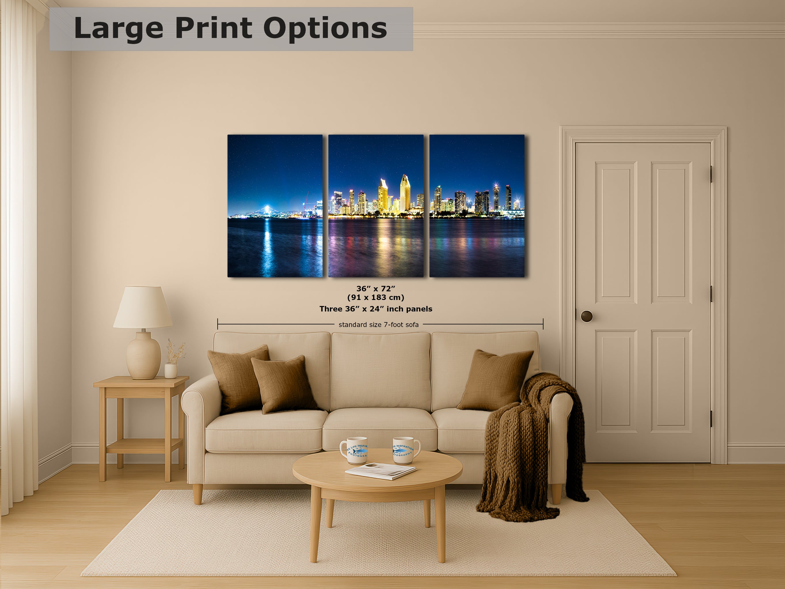 San Diego Skyline Panorama Photo, Urban Cityscape at Night Wall Art, Large Canvas Print for Living Room or Office