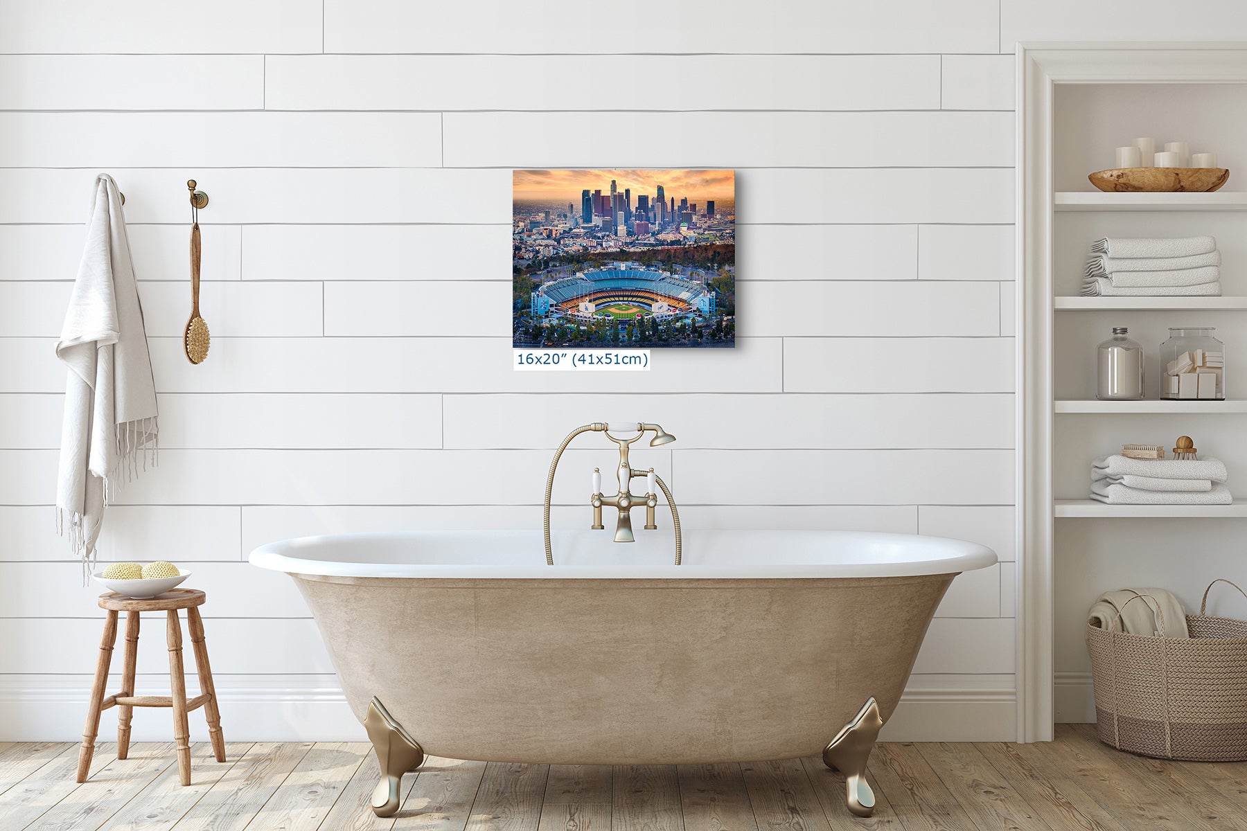 16x20 inch print of Dodger Stadium and the Los Angeles skyline hung above a clawfoot bathtub, baseball wall art