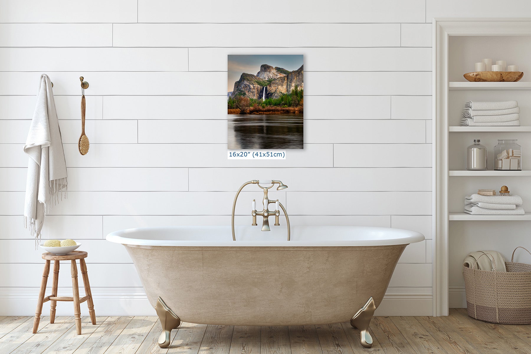 16x20 inch fine art nature photography print of Yosemite Valley and Bridalveil Fall hung above a clawfoot bathtub