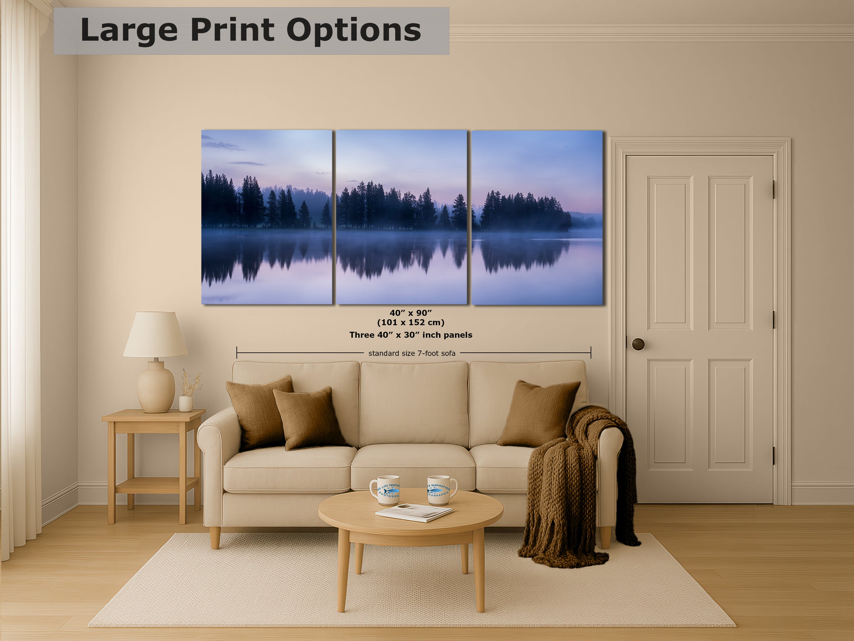 Yellowstone Lake Foggy Forest Picture, Reflection Nature Photo, Wyoming Landscape Relaxation Artwork for Meditation, Office, & House Decor