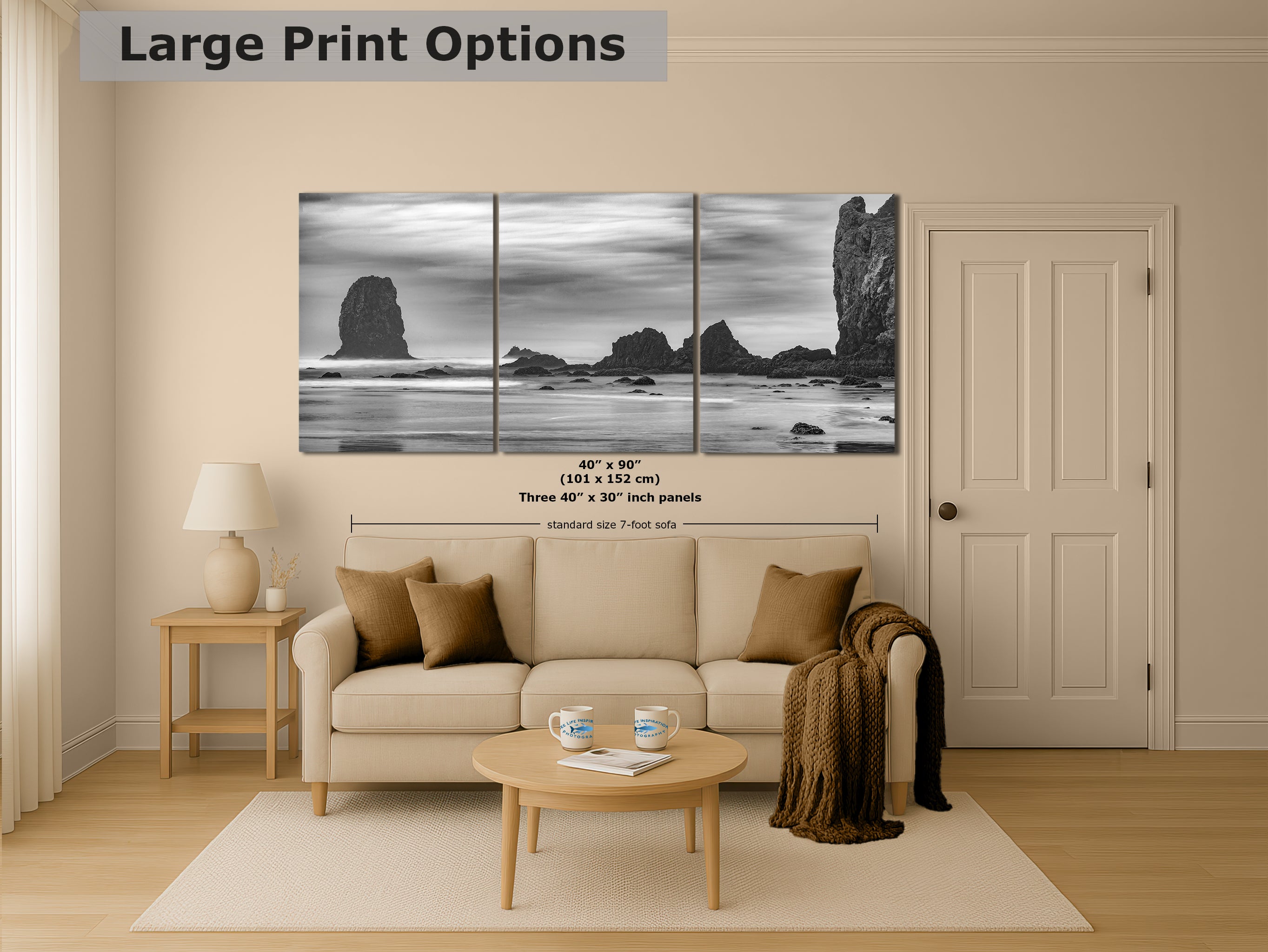 Cannon Beach Oregon Coast Ocean Picture Nature Photo, Black and White Haystack Rocks, Coastal Beach House Decor for Ocean Lovers