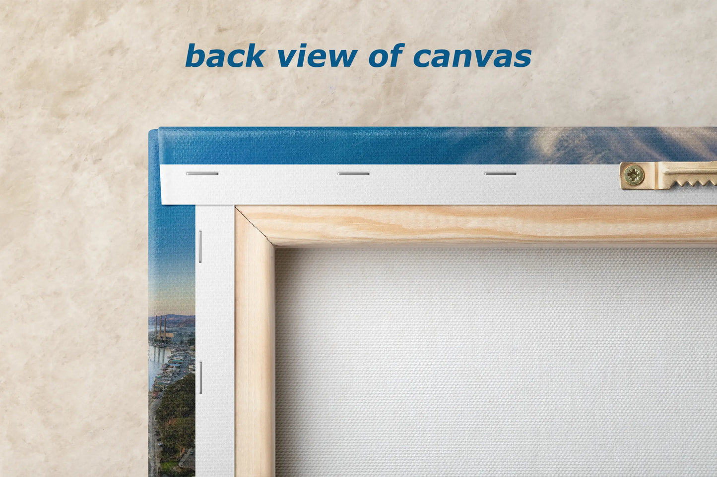 the back view of a picture frame with a picture of a city in the background