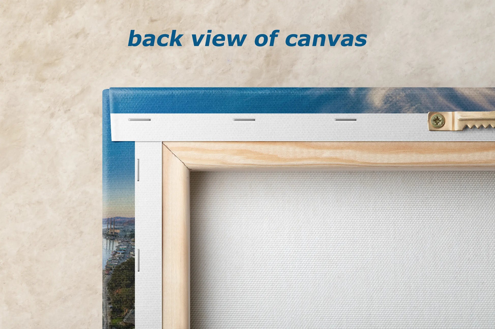 the back view of a picture frame with a picture of a city in the background