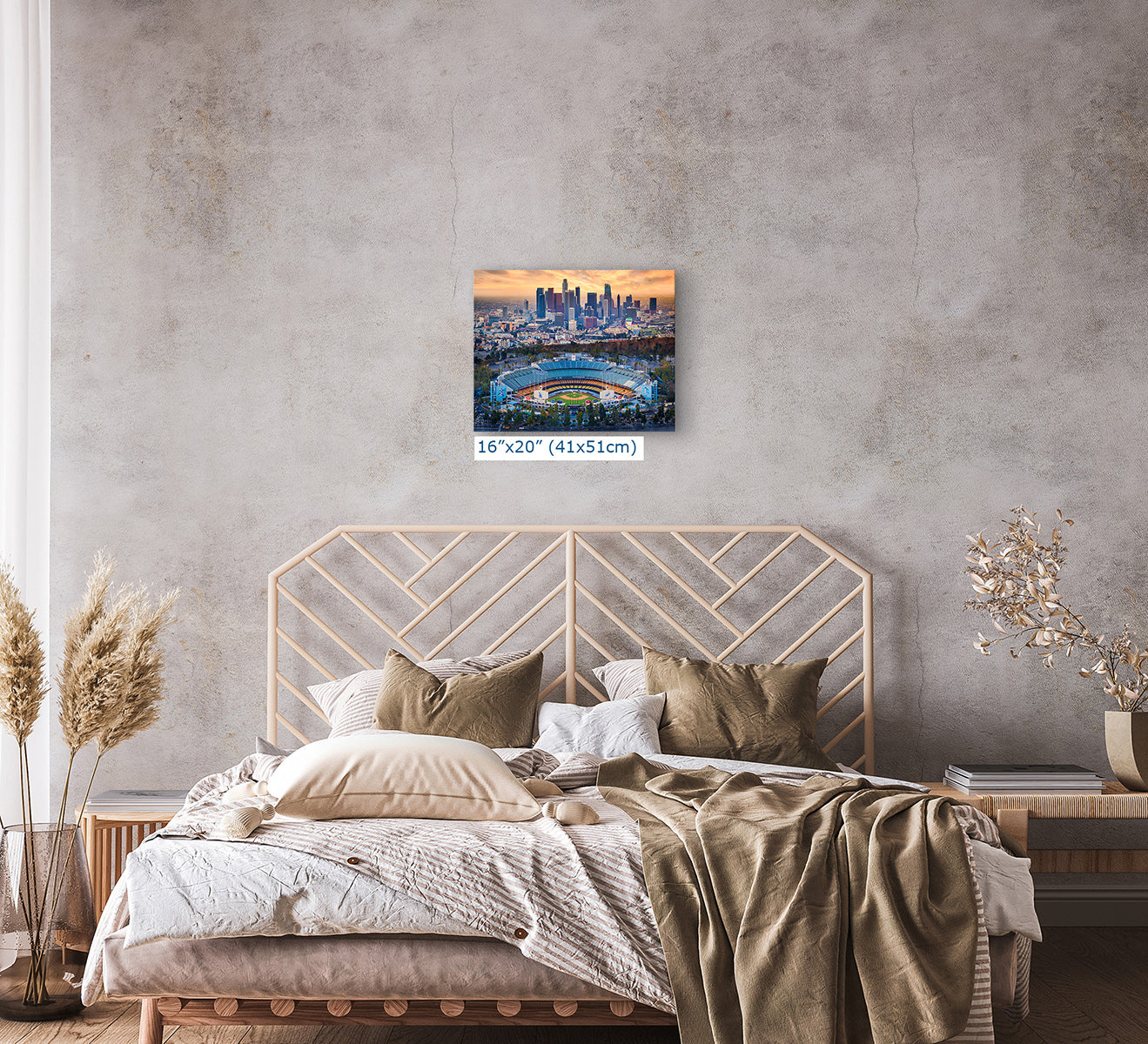 16x20 inch print of Dodger Stadium and the Los Angeles skyline displayed above a modern bedroom headboard, baseball wall art