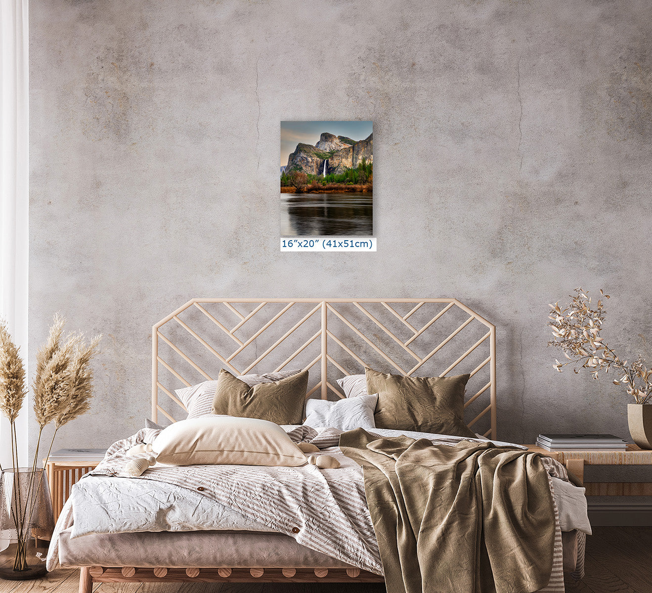 16x20 inch fine art nature photography print of Yosemite's Bridalveil Fall displayed above a modern bedroom headboard