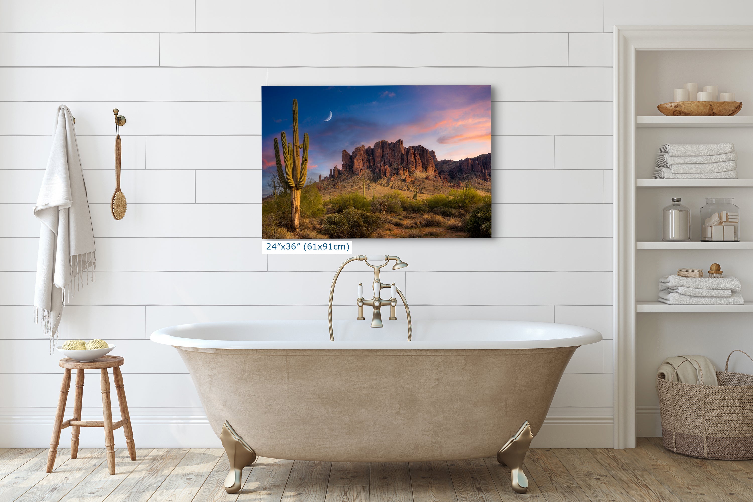 Arizona Desert Picture Sunset, Saguaro Cactus Artwork Nature Photo, Southwestern Wall Art of Superstition Mountains at Lost Dutchman State Park