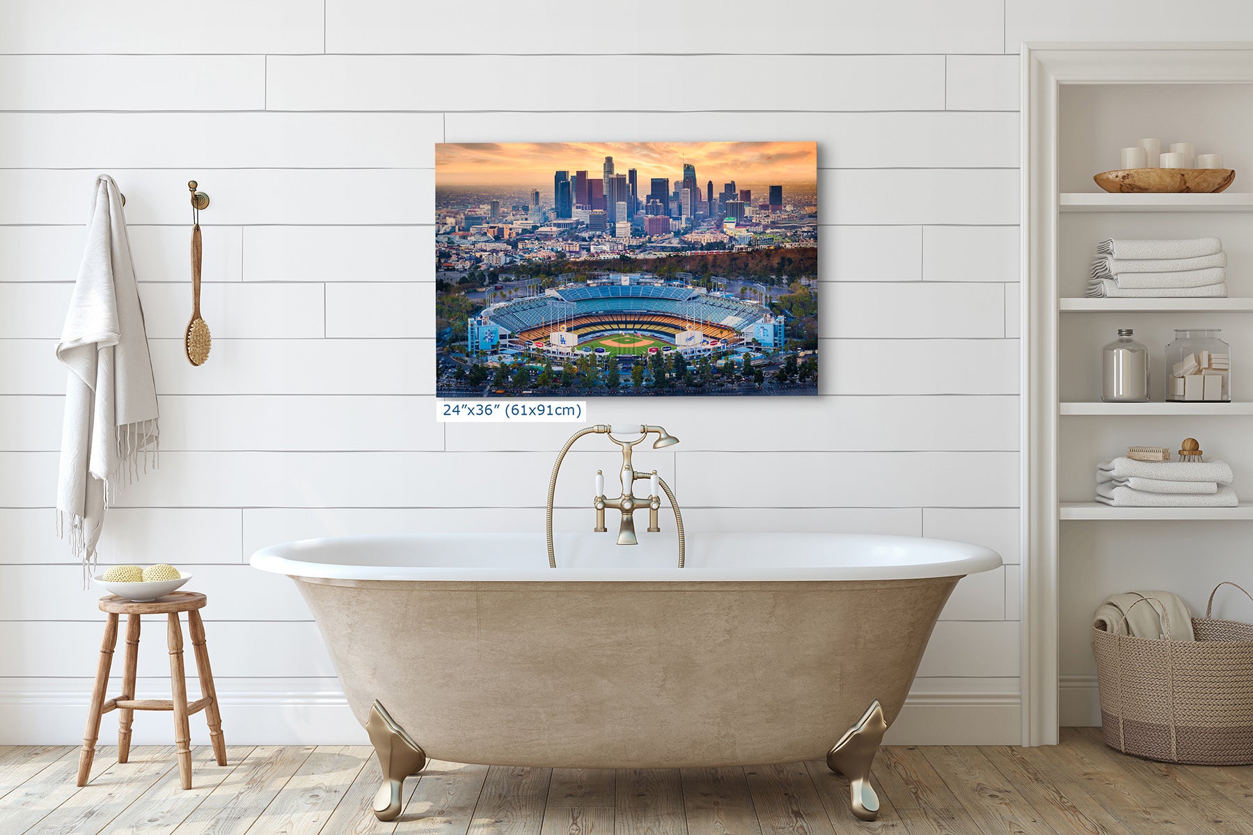 24x36 inch print of Dodger Stadium and the Los Angeles skyline hung above a clawfoot bathtub, baseball wall art