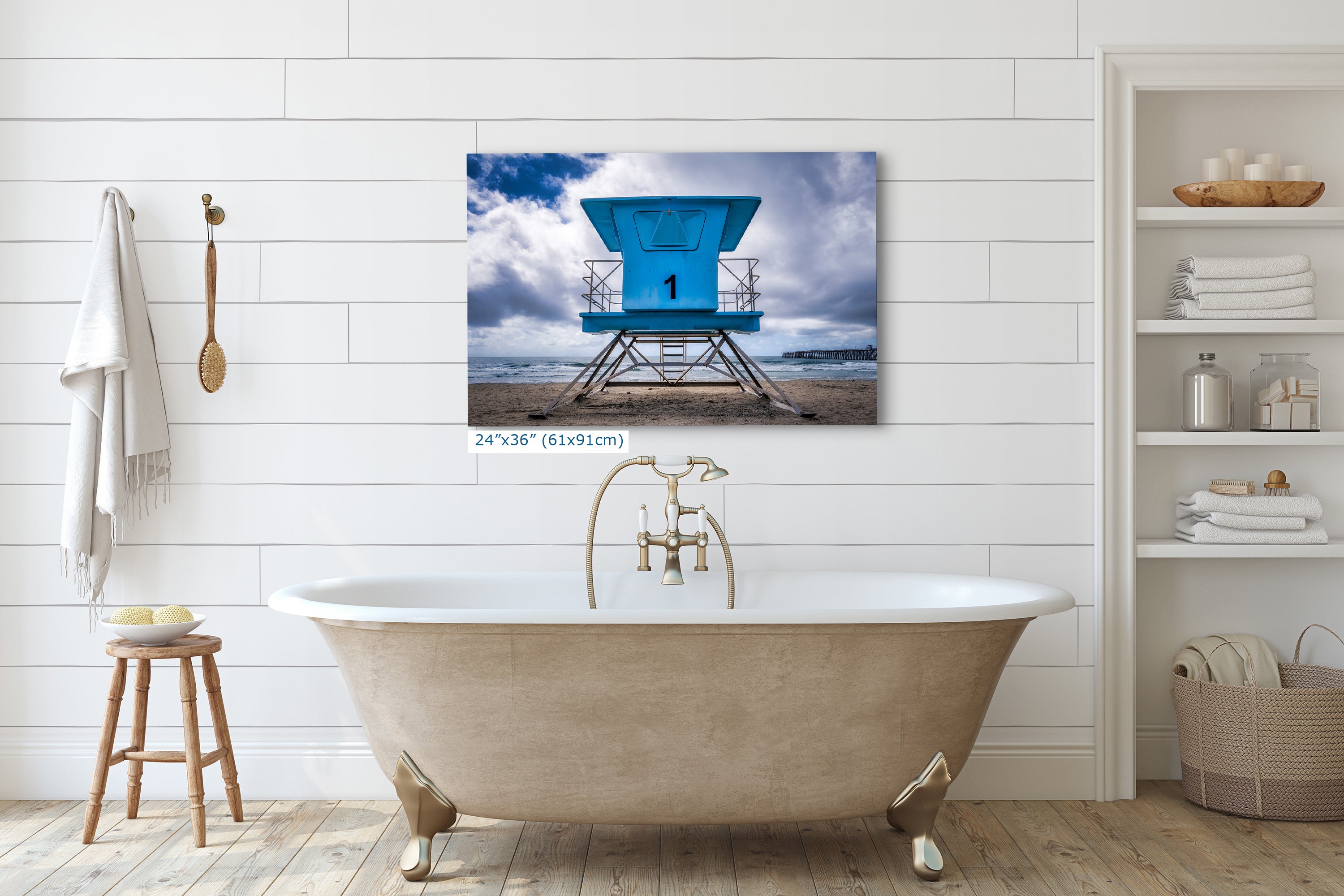 Southern California Coastline Lifeguard Tower Ocean Picture, Oceanside Pier Relaxation Artwork for Meditation, Office, Dorm, and House Decor