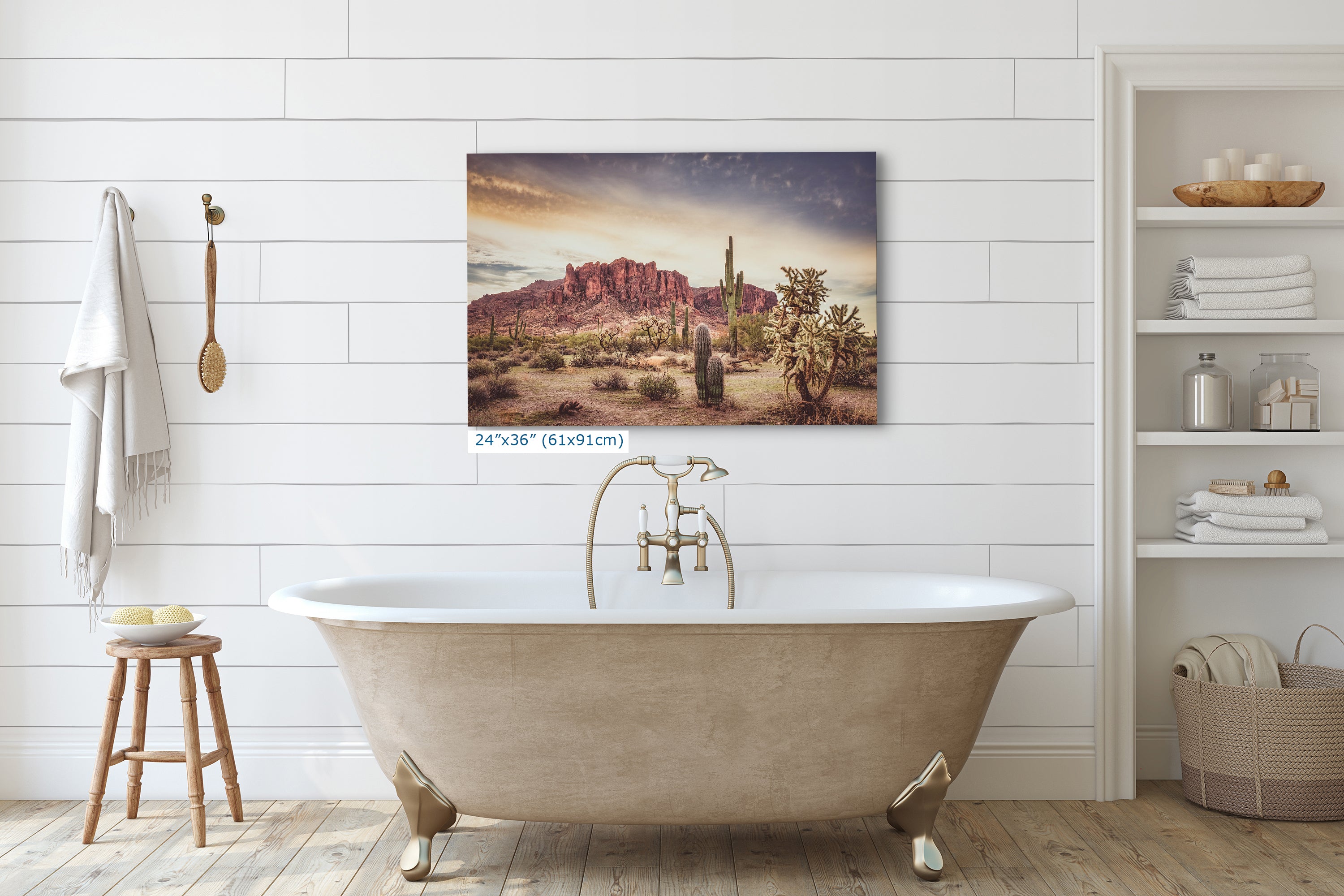 Arizona Desert Picture, Vintage Saguaro Cactus Artwork Nature Photo, Southwestern Wall Art of Superstition Mountains at Lost Dutchman State Park