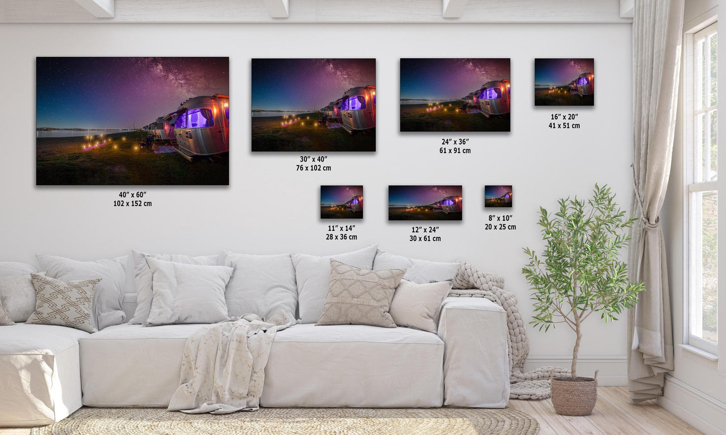 Airstream Travel Trailer Art Night Scene in San Diego, California Campsite Camping Decoration in Canvas, Paper, and Metal Wall Art