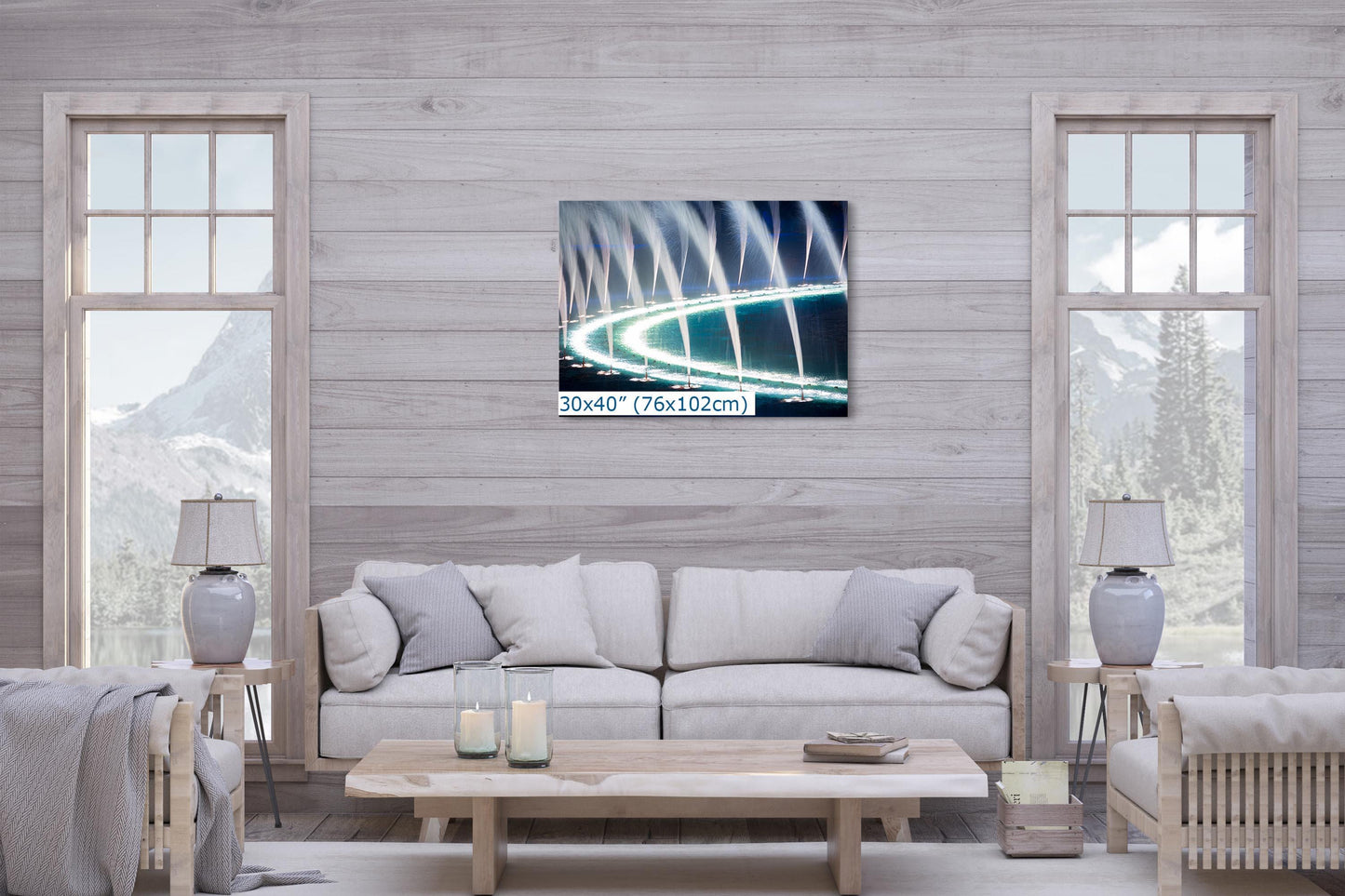 Abstract water fountains at Bellagio, Las Vegas on a 30x40-inch canvas displayed in a serene living room.