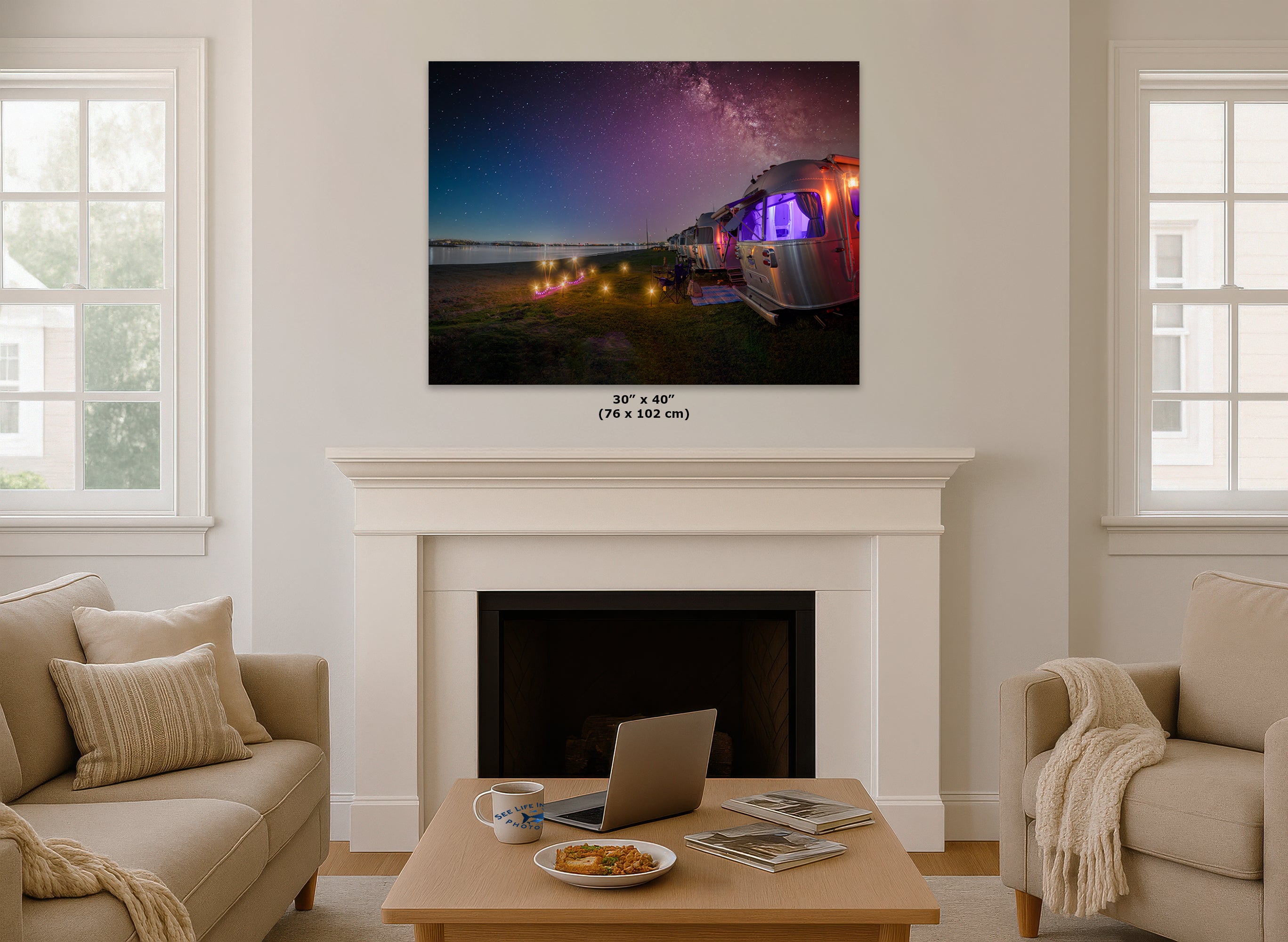 Airstream Travel Trailer Art Night Scene in San Diego, California Campsite Camping Decoration in Canvas, Paper, and Metal Wall Art