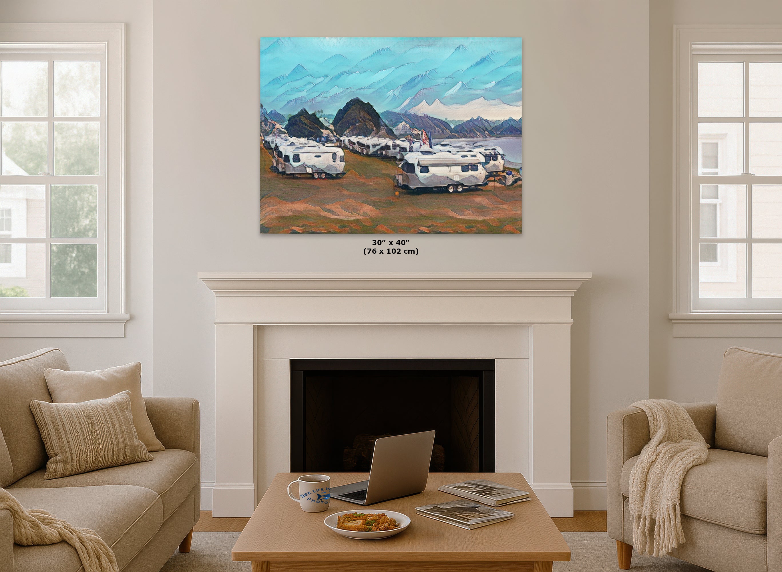 Airstream Travel Trailer with Mountainscape Camping Decoration