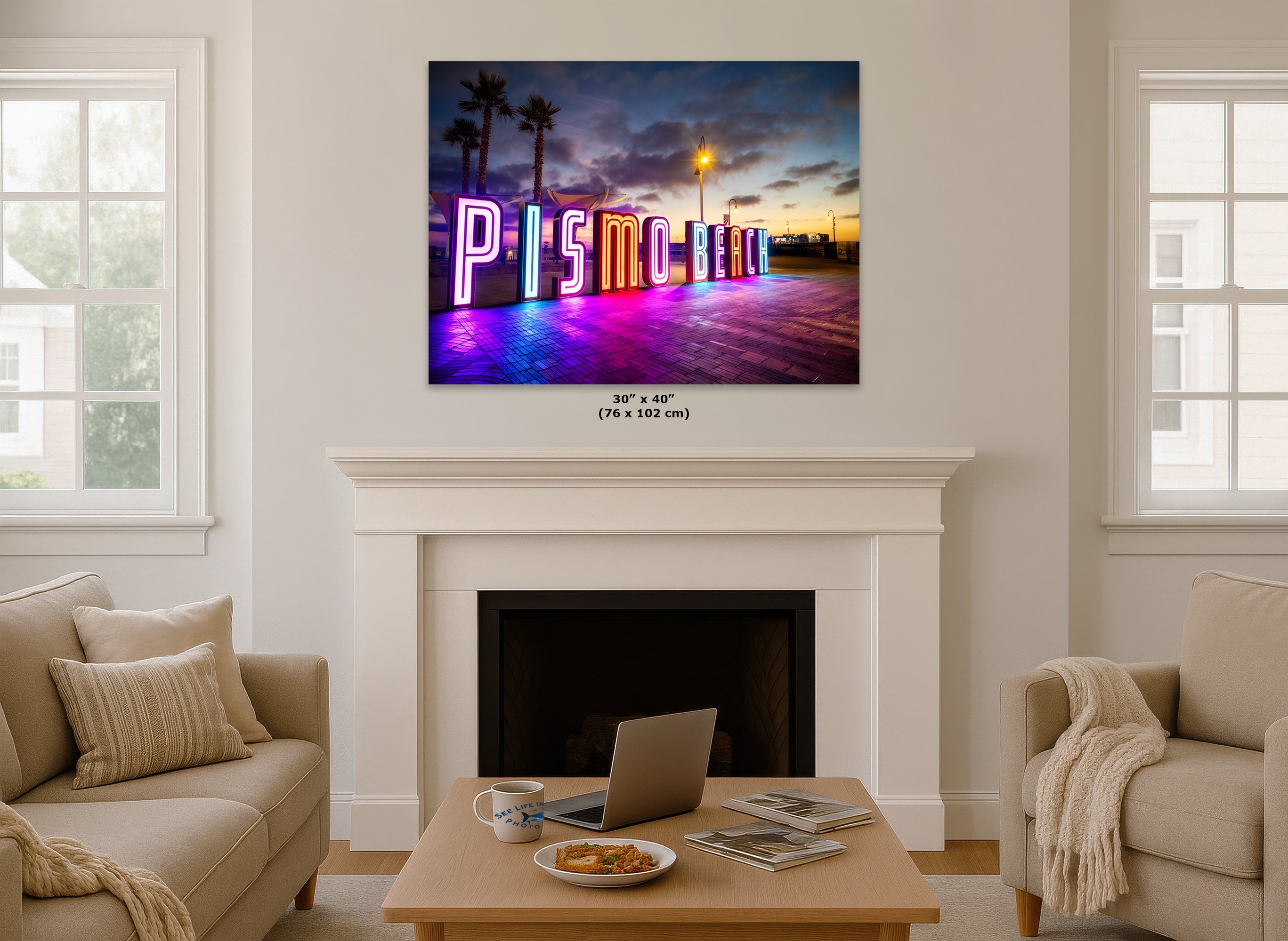 Pismo Beach Iconic Neon Sign House Decor, California Coastal Art Print with Vibrant Neon Lights for Retro Wall Art, Beach Lover Gift